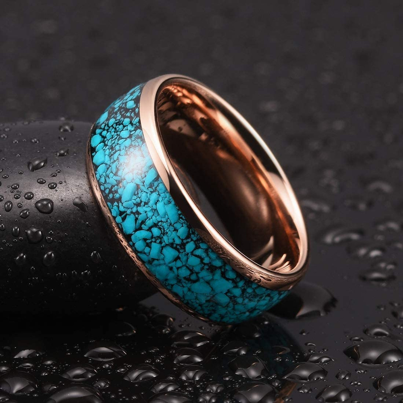 (8mm) Unisex or Men's Blue Turquoise Inlay Tungsten Carbide Wedding Ring Band. Rose Gold Domed Style Tungsten Carbide Ring Comfort Fit.