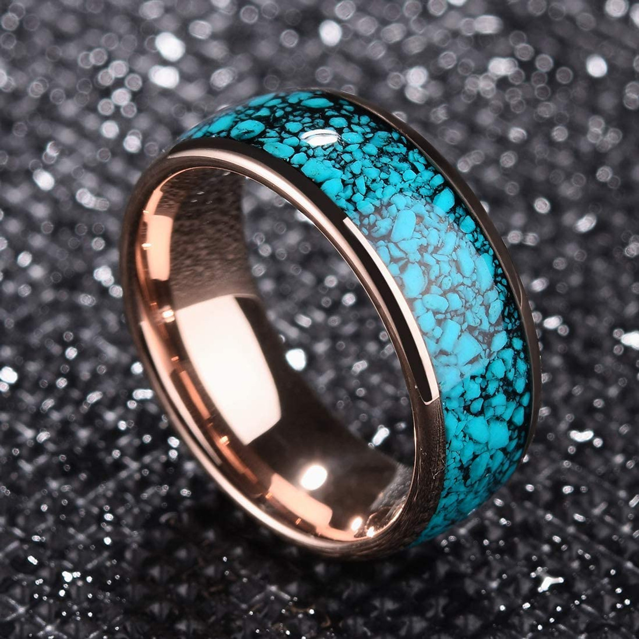 (8mm) Unisex or Men's Blue Turquoise Inlay Tungsten Carbide Wedding Ring Band. Rose Gold Domed Style Tungsten Carbide Ring Comfort Fit.