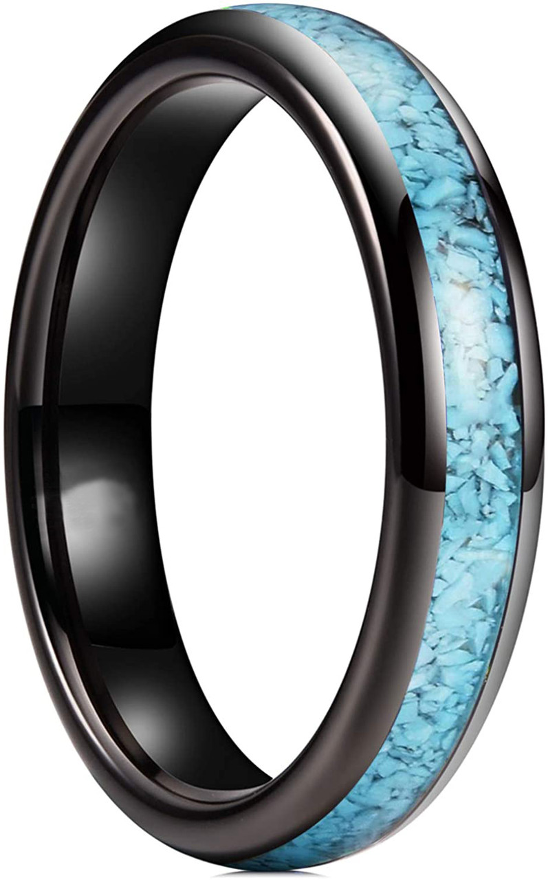 (4mm) Women's Blue Turquoise Inlay Tungsten Carbide Wedding Ring Band. Black Domed Style Tungsten Carbide Ring Comfort Fit.