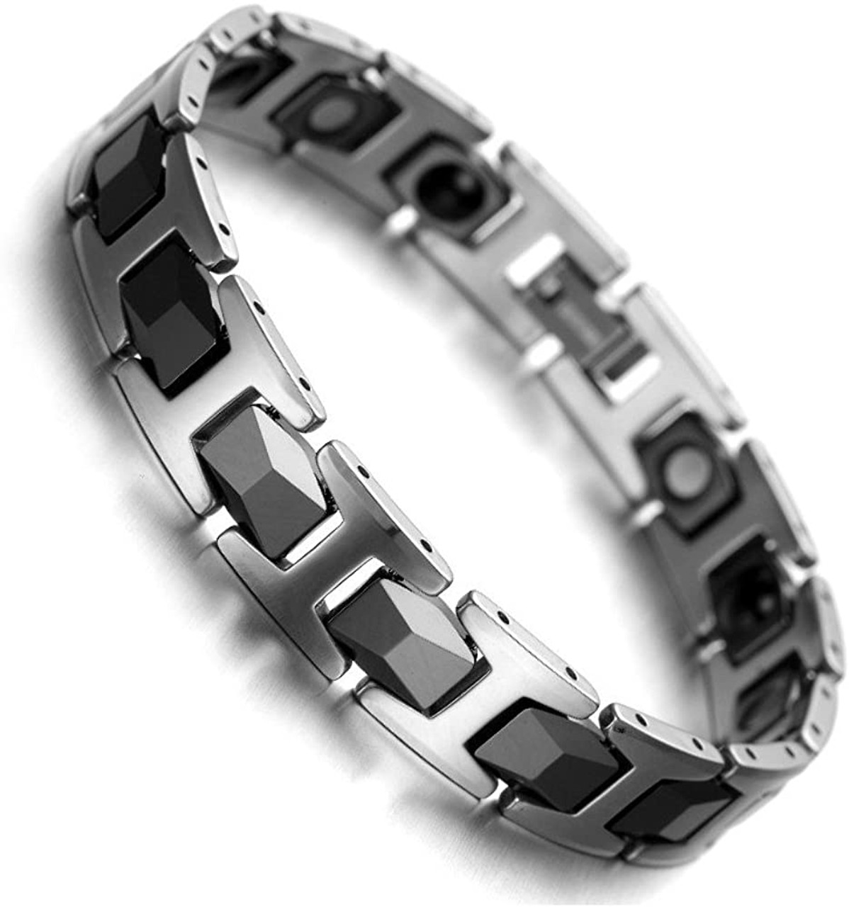 8" Inch Length - Mens Tungsten Bracelet -  Black and Silver Duo Tone Magnetic Bracelet for Men