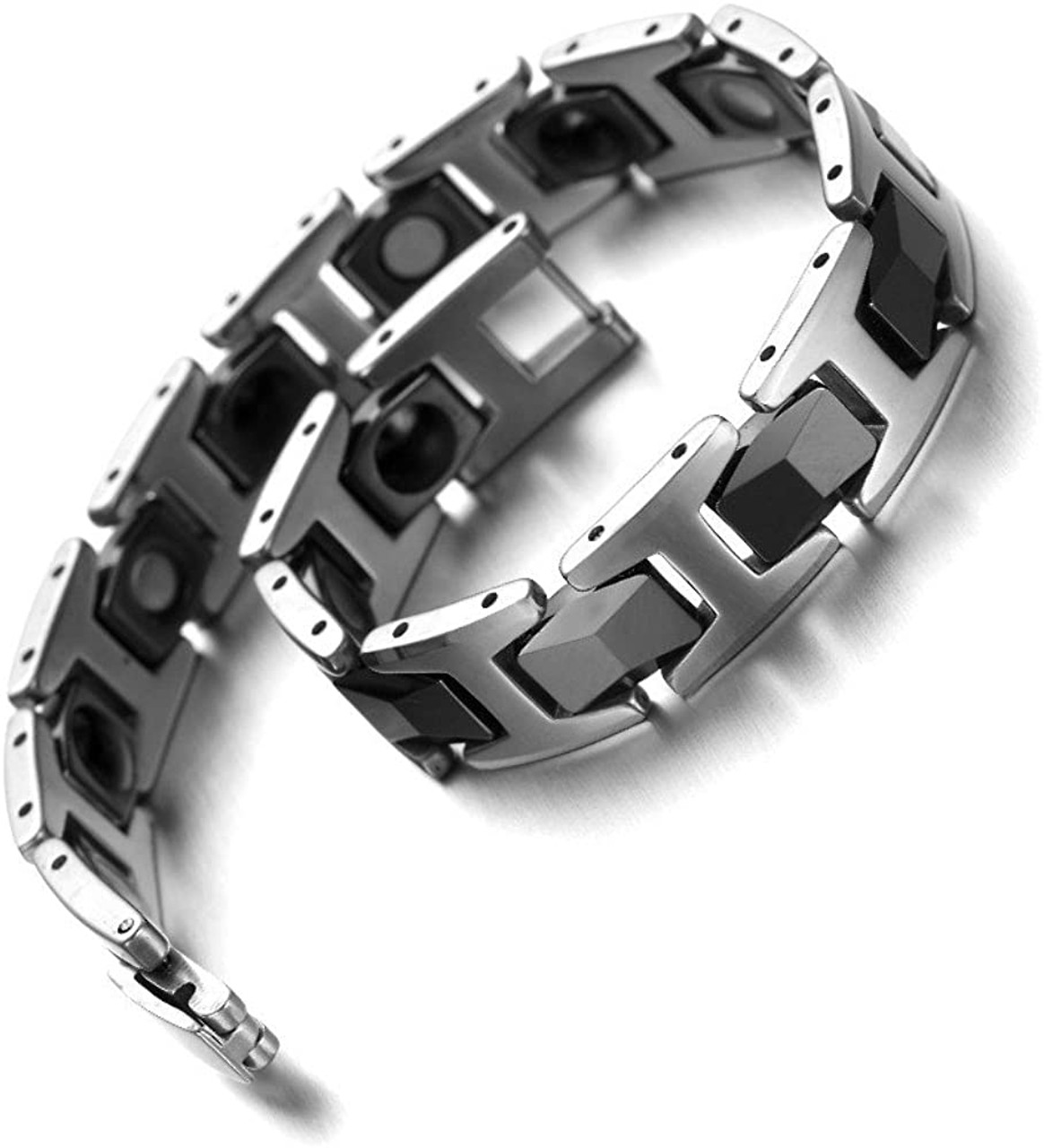 8" Inch Length - Mens Tungsten Bracelet -  Black and Silver Duo Tone Magnetic Bracelet for Men