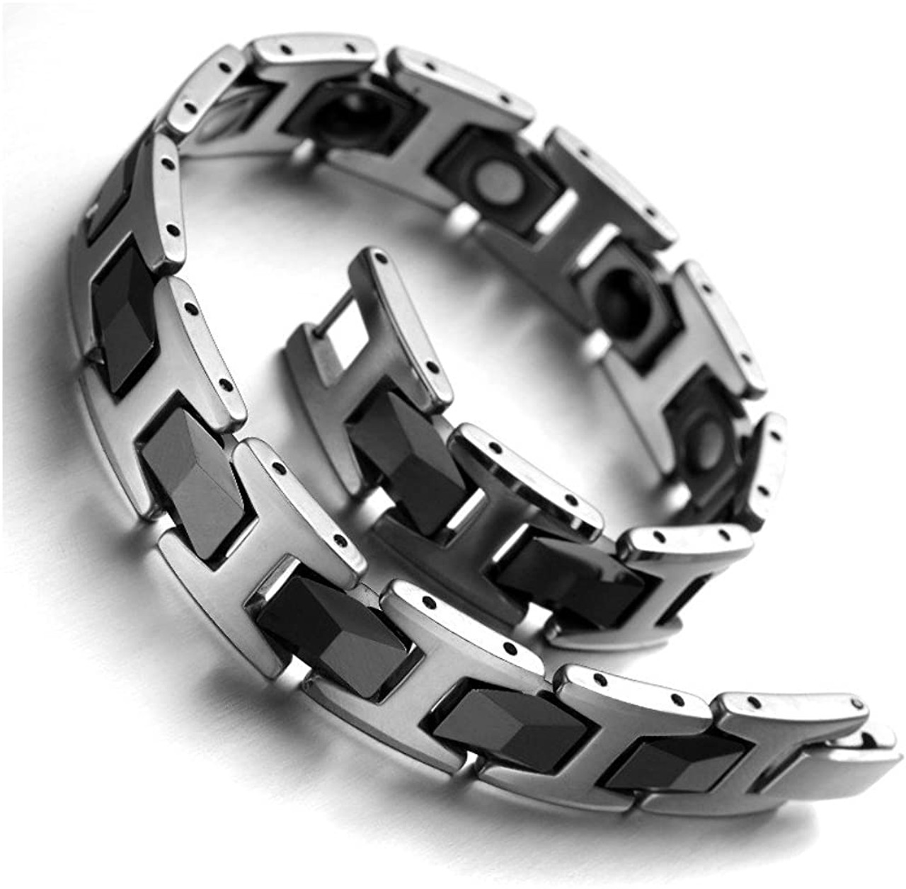 8" Inch Length - Mens Tungsten Bracelet -  Black and Silver Duo Tone Magnetic Bracelet for Men