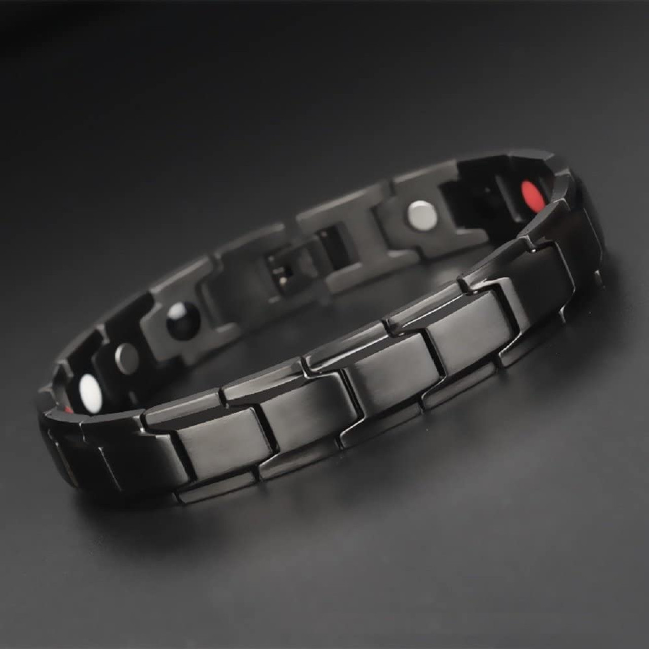 8.5" Inch Length - Men's Polished Black Titanium Stainless Steel Magnetic Bracelet for Men with Strong Magnets.