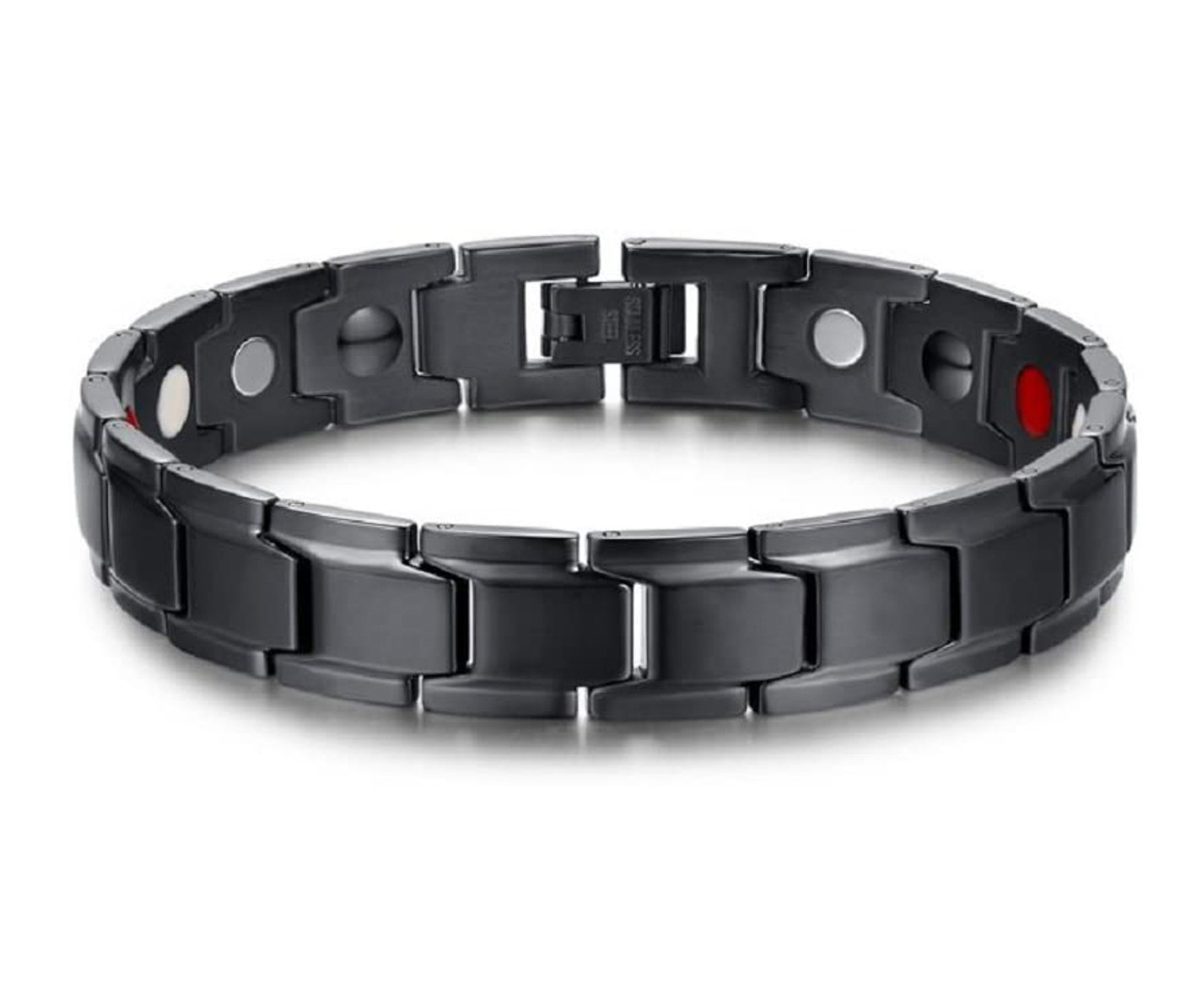 8.5" Inch Length - Men's Polished Black Titanium Stainless Steel Magnetic Bracelet for Men with Strong Magnets.