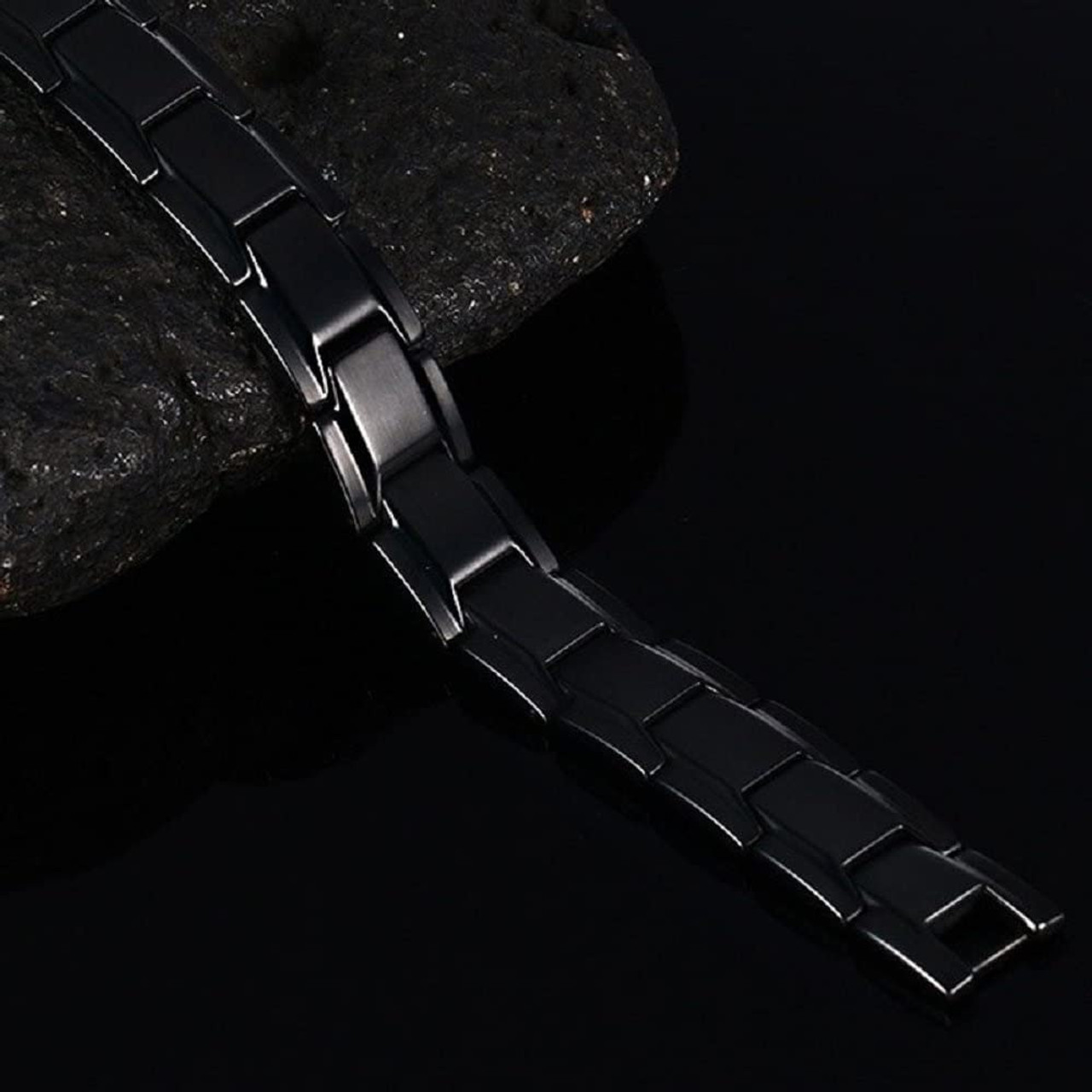 8.5" Inch Length - Men's Polished Black Titanium Stainless Steel Magnetic Bracelet for Men with Strong Magnets.
