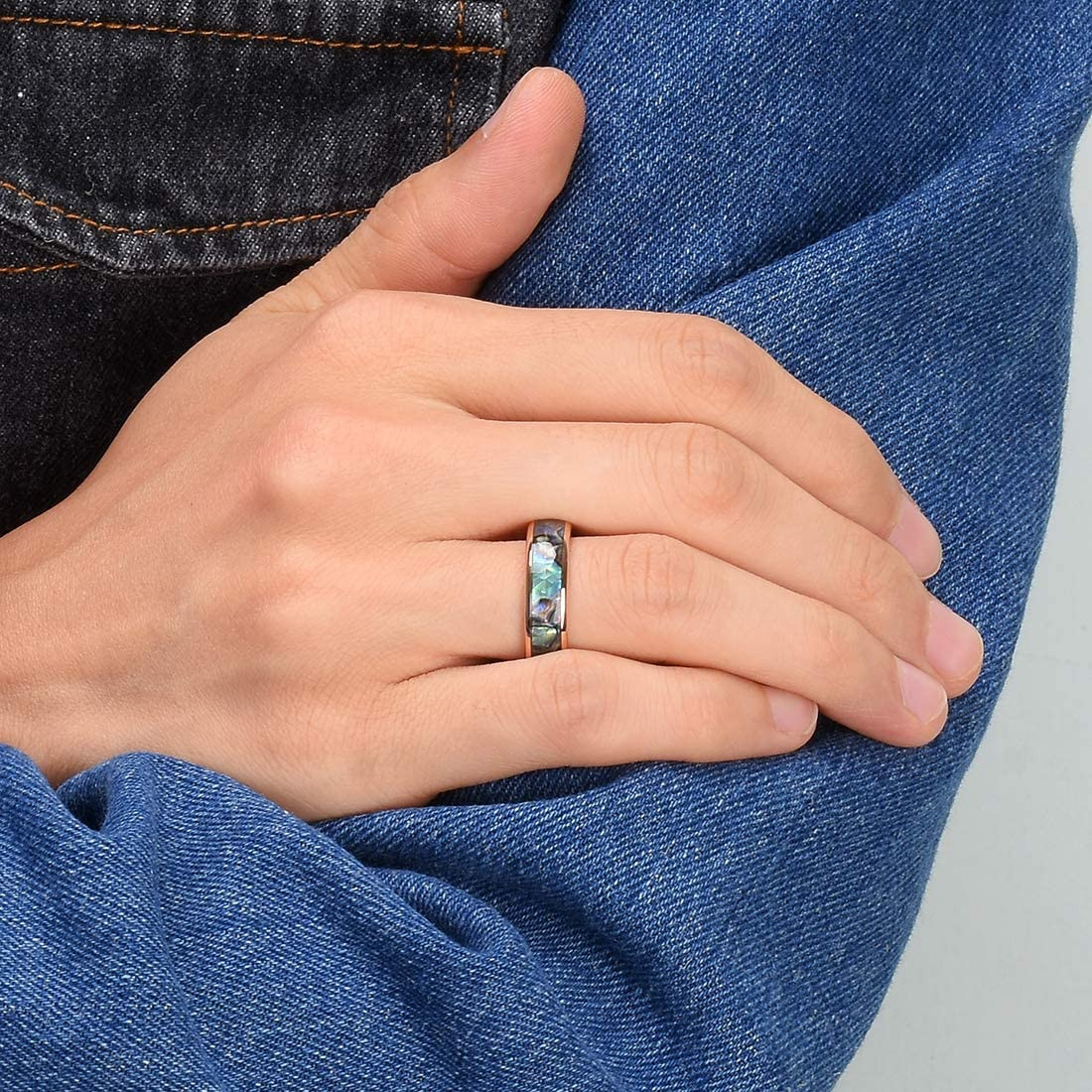 (6mm) Unisex, Women's or Men's Tungsten Carbide Wedding Ring Bands. Domed Top Rose Gold Band and Multiple Color Rainbow Abalone Shell Inlay with Organic Tones.