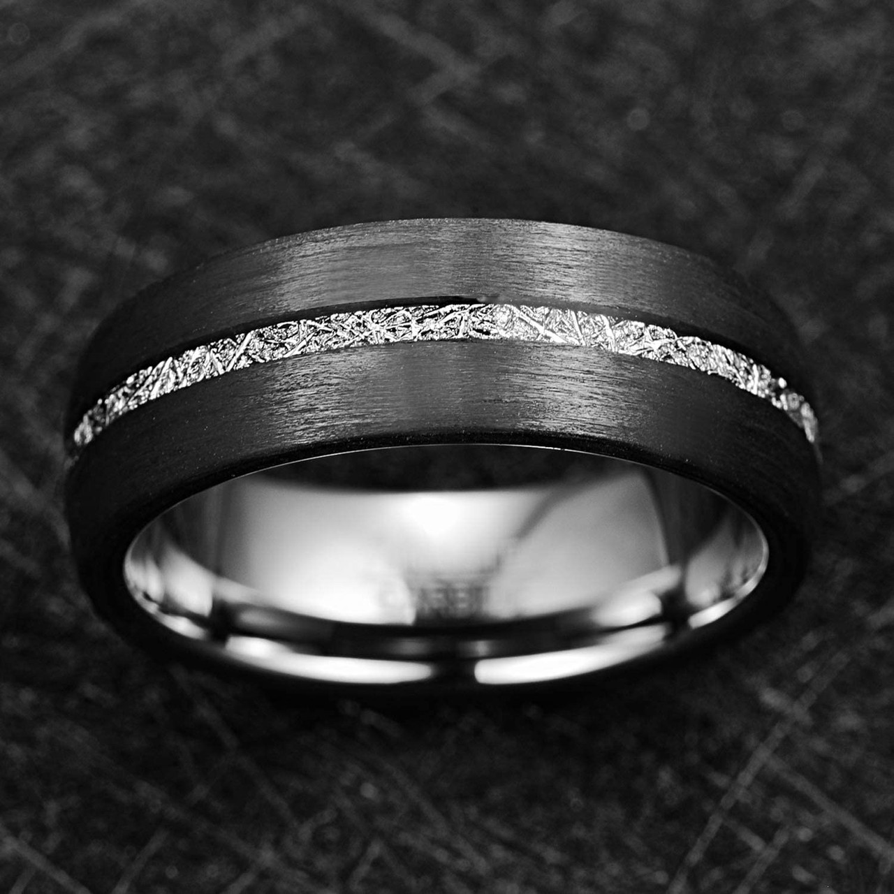 (8mm) Unisex or Men's Tungsten Carbide Wedding Ring Band. Black Band with Inner Silver and Inspired Meteorite Thin Stripe Groove Design.