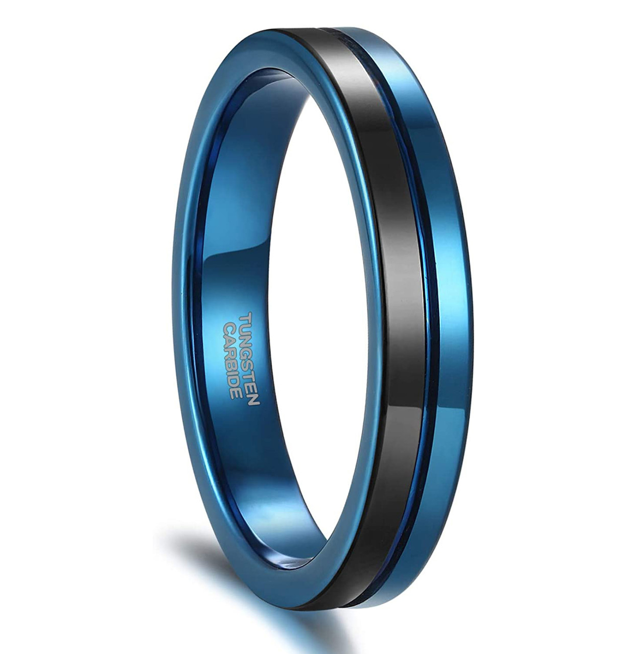 (4mm) Unisex or Women's Blue and Black Split Groove Tungsten Carbide Wedding Ring Band