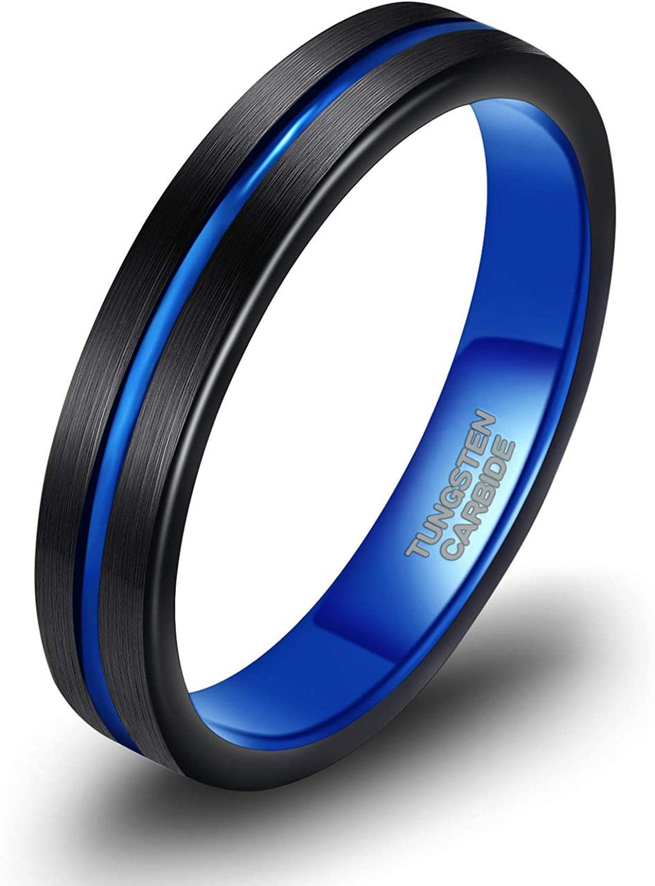 (4mm) Unisex or Women's Tungsten Carbide Wedding Ring Band. Black Matte Finish with Blue Inside and Groove Beveled Edge Ring.