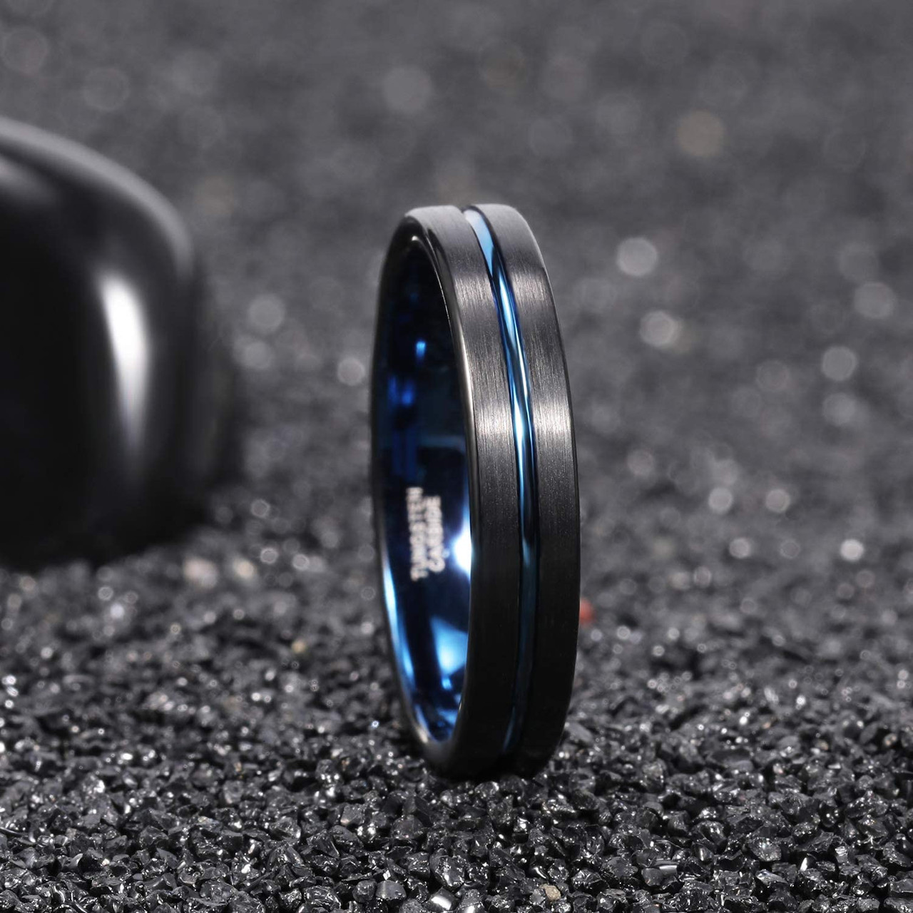 (4mm) Unisex or Women's Tungsten Carbide Wedding Ring Band. Black Matte Finish with Blue Inside and Groove Beveled Edge Ring.