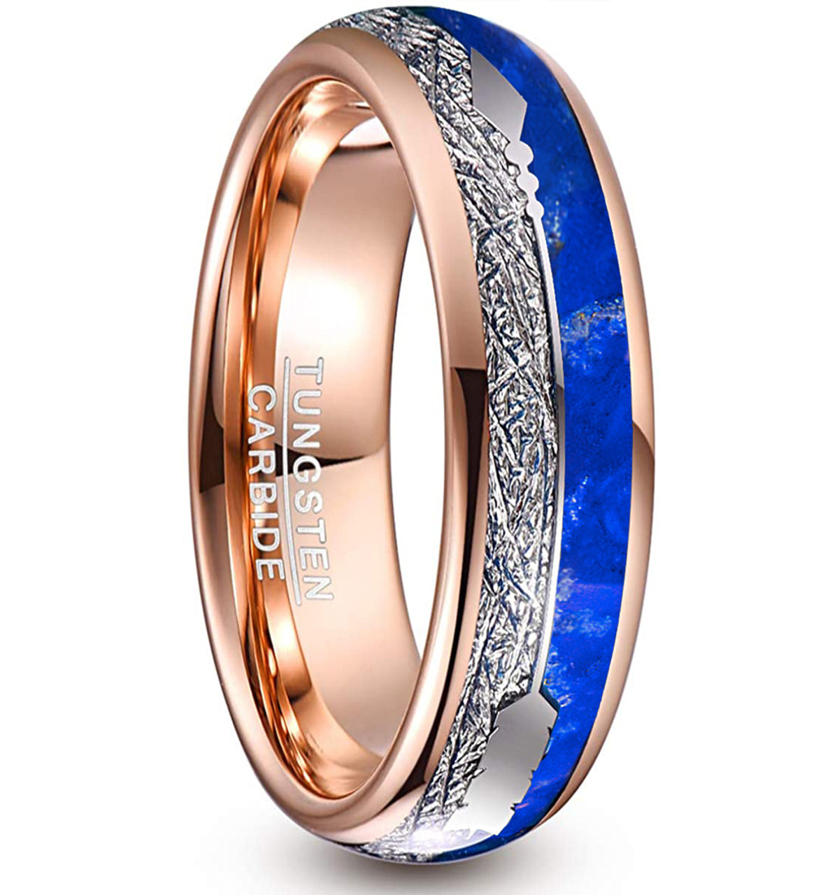 (6mm) Unisex or Women's Tungsten Carbide Wedding ring bands. Rose Gold Tone Band with Cupid's Arrow over Blue Lasurite and Inspired Meteorite Inlay. Tungsten Carbide Domed Top Ring.