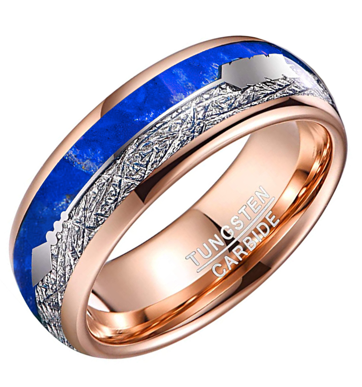 (8mm) Unisex or Men's Tungsten Carbide Wedding ring bands. Rose Gold Tone Band with Cupid's Arrow over Blue Lasurite and Inspired Meteorite Inlay. Tungsten Carbide Domed Top Ring.