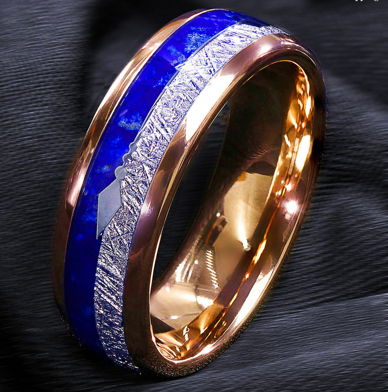 (8mm) Unisex or Men's Tungsten Carbide Wedding ring bands. Rose Gold Tone Band with Cupid's Arrow over Blue Lasurite and Inspired Meteorite Inlay. Tungsten Carbide Domed Top Ring.