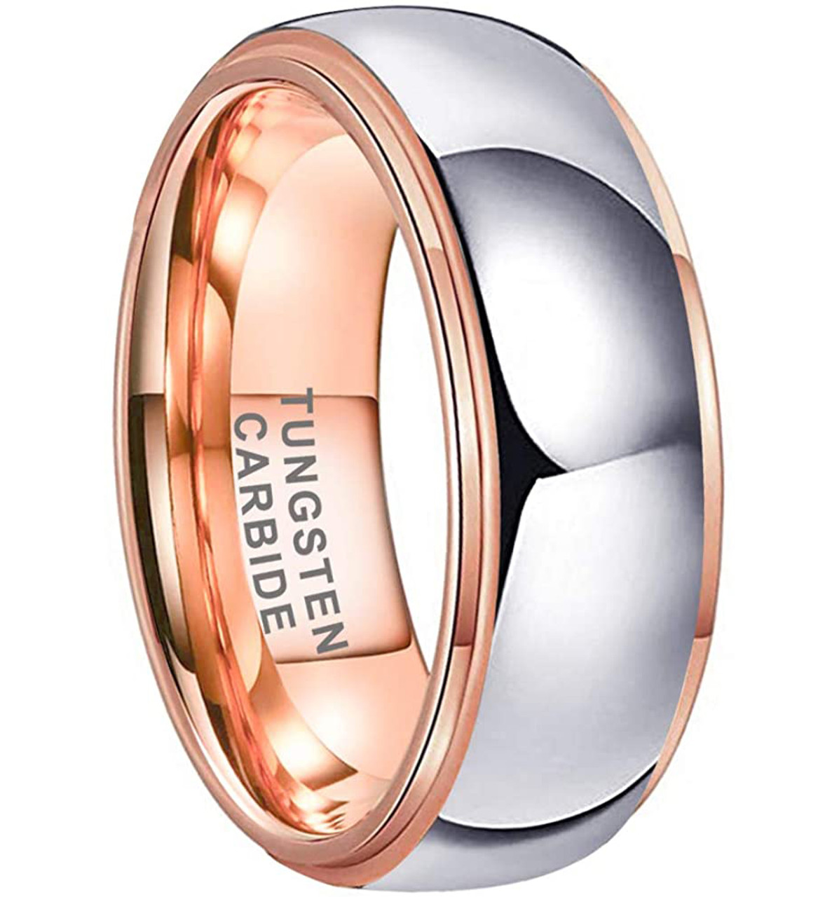 (8mm) Unisex or Men's Rose Gold and Silver Dome Gunmetal Tungsten Carbide Wedding Ring Band