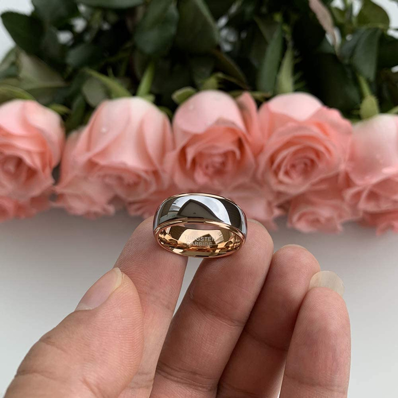 (8mm) Unisex or Men's Rose Gold and Silver Dome Gunmetal Tungsten Carbide Wedding Ring Band