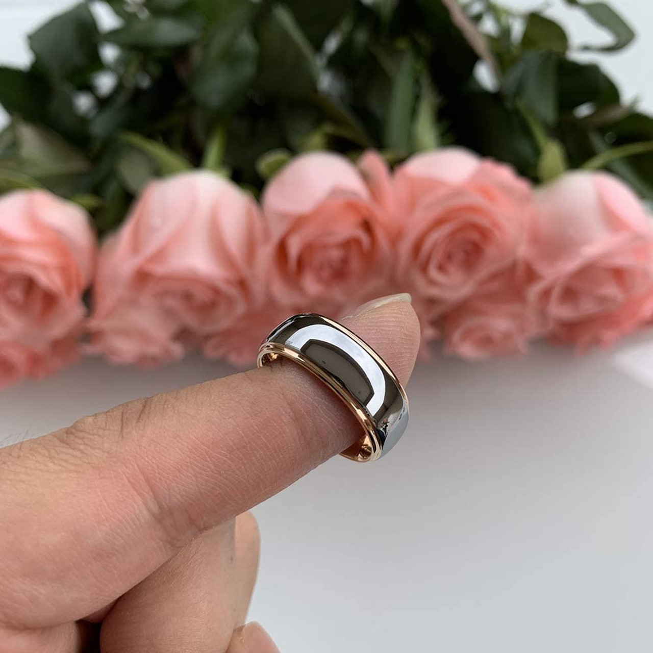 (8mm) Unisex or Men's Rose Gold and Silver Dome Gunmetal Tungsten Carbide Wedding Ring Band