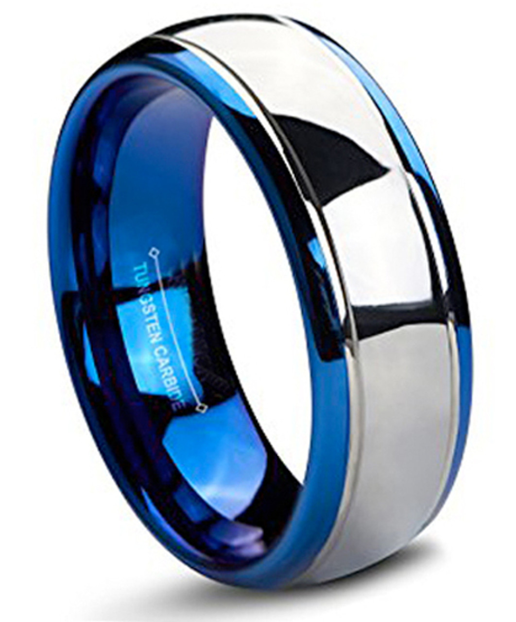 (8mm) Unisex or Men's Blue and Silver Dome Gunmetal Tungsten Carbide Wedding Ring Band