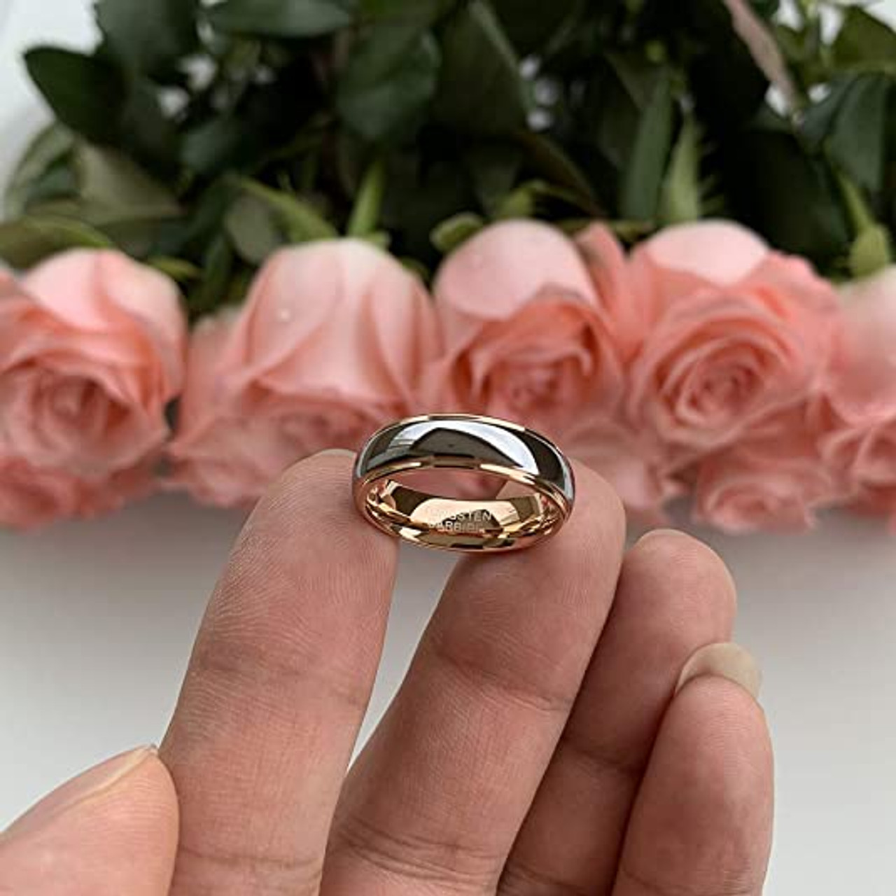 (6mm) Unisex or Women's Rose Gold and Silver Dome Gunmetal Tungsten Carbide Wedding Ring Bands.