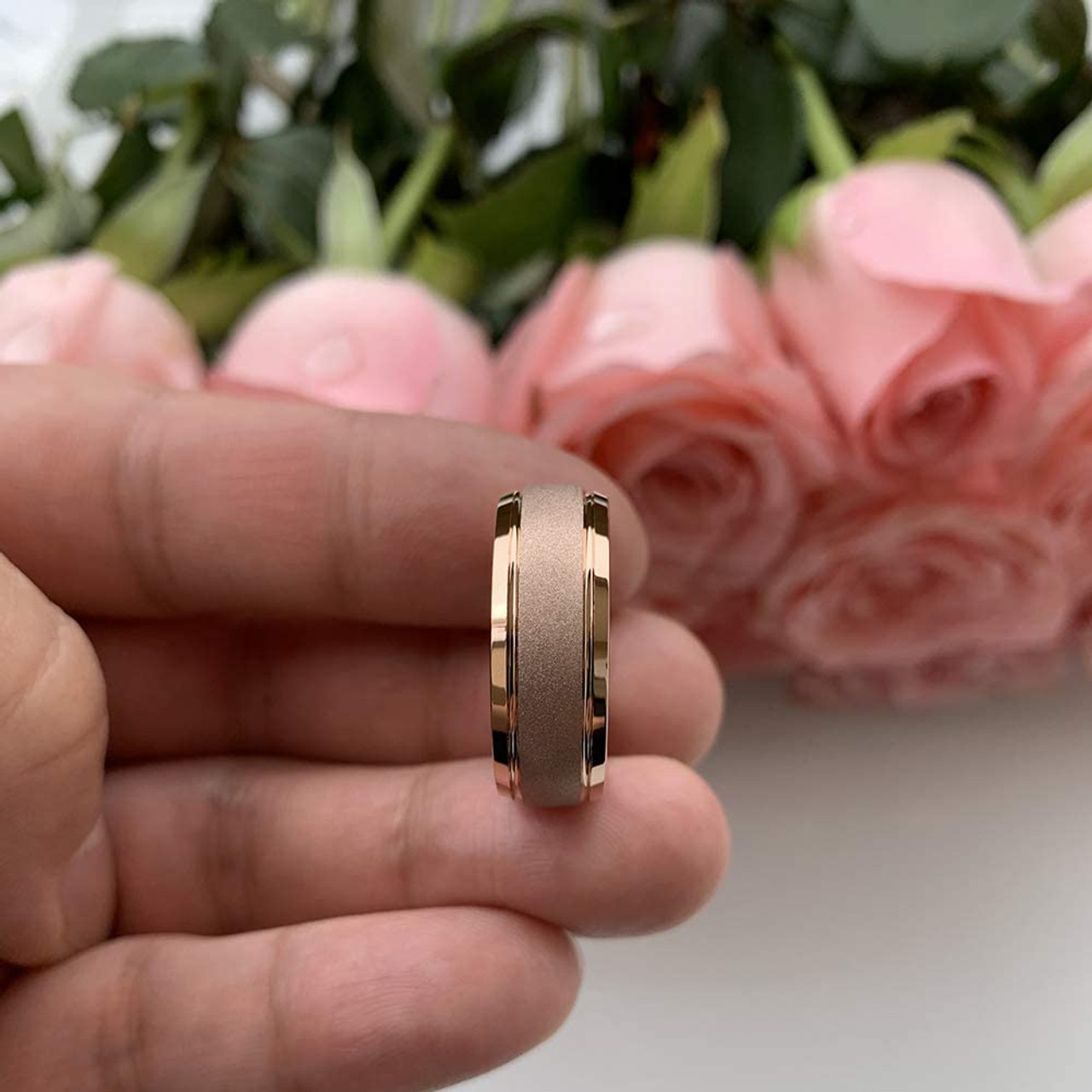 (8mm) Unisex or Men's Tungsten Carbide Wedding Ring Band. Rose Gold Domed Top Ring. Sand Blasted Glitter Design with High Polish Edges. Comfort Fit.
