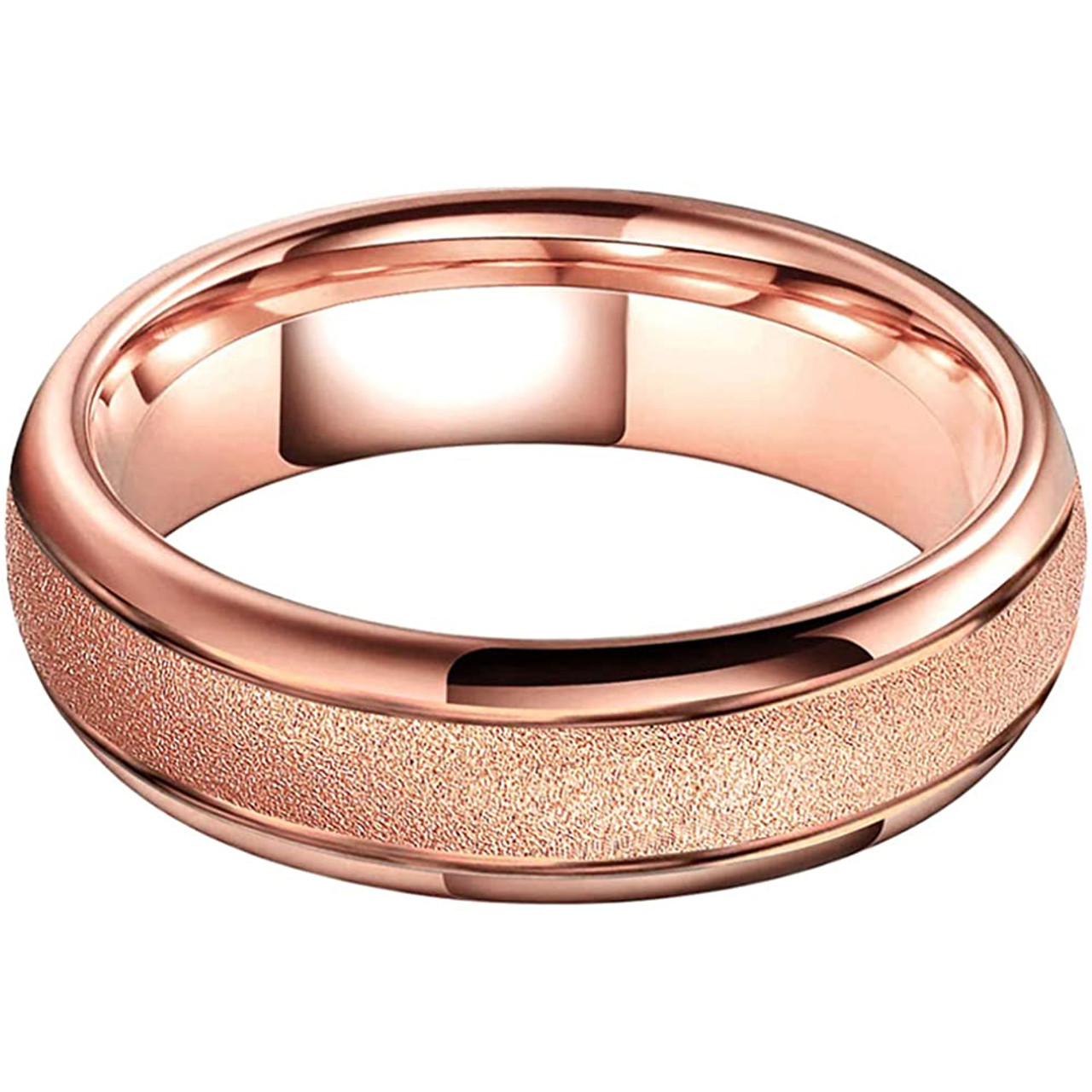6mm) Unisex or Women's Tungsten Carbide Wedding Ring Band. Rose Gold Domed  Top Ring. Sand Blasted Glitter Design with High Polish Edges. Comfort Fit.  - Ring Blingers