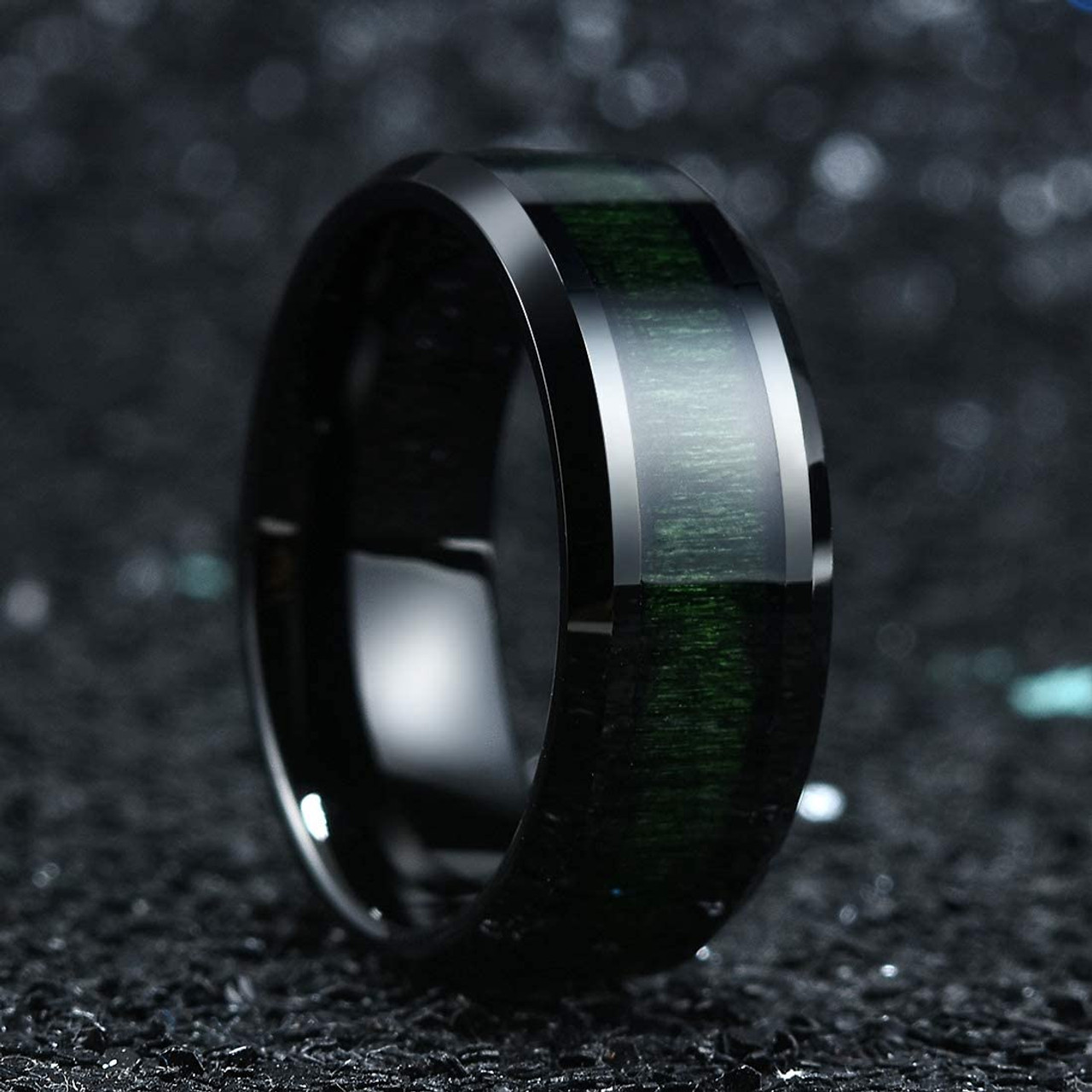 (8mm)  Unisex or Men's Tungsten Carbide Wedding ring bands. Black with Deep Dark Green Wood Inlay and Beveled Edges