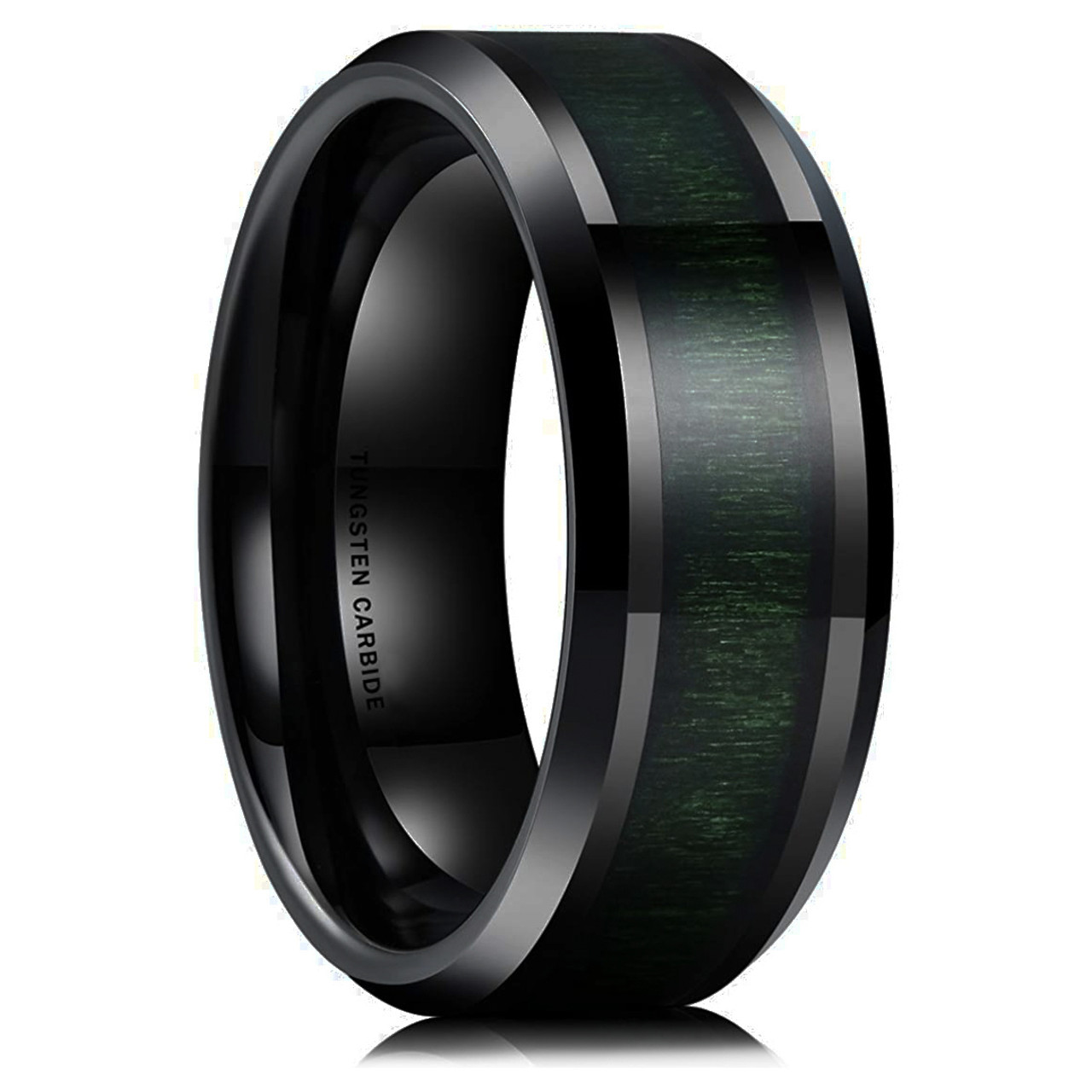 (8mm)  Unisex or Men's Tungsten Carbide Wedding ring bands. Black with Deep Dark Green Wood Inlay and Beveled Edges