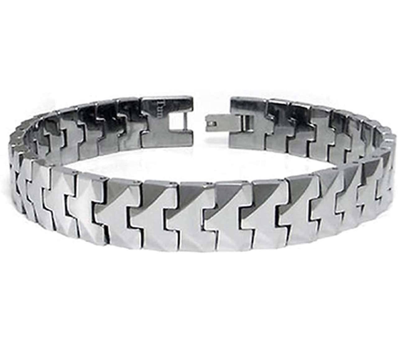 8" Inch Length - Men's Tungsten Carbide Bracelet - Silver Tone High Polish Puzzle Link Bracelet, Wedding or Anniversary Gift