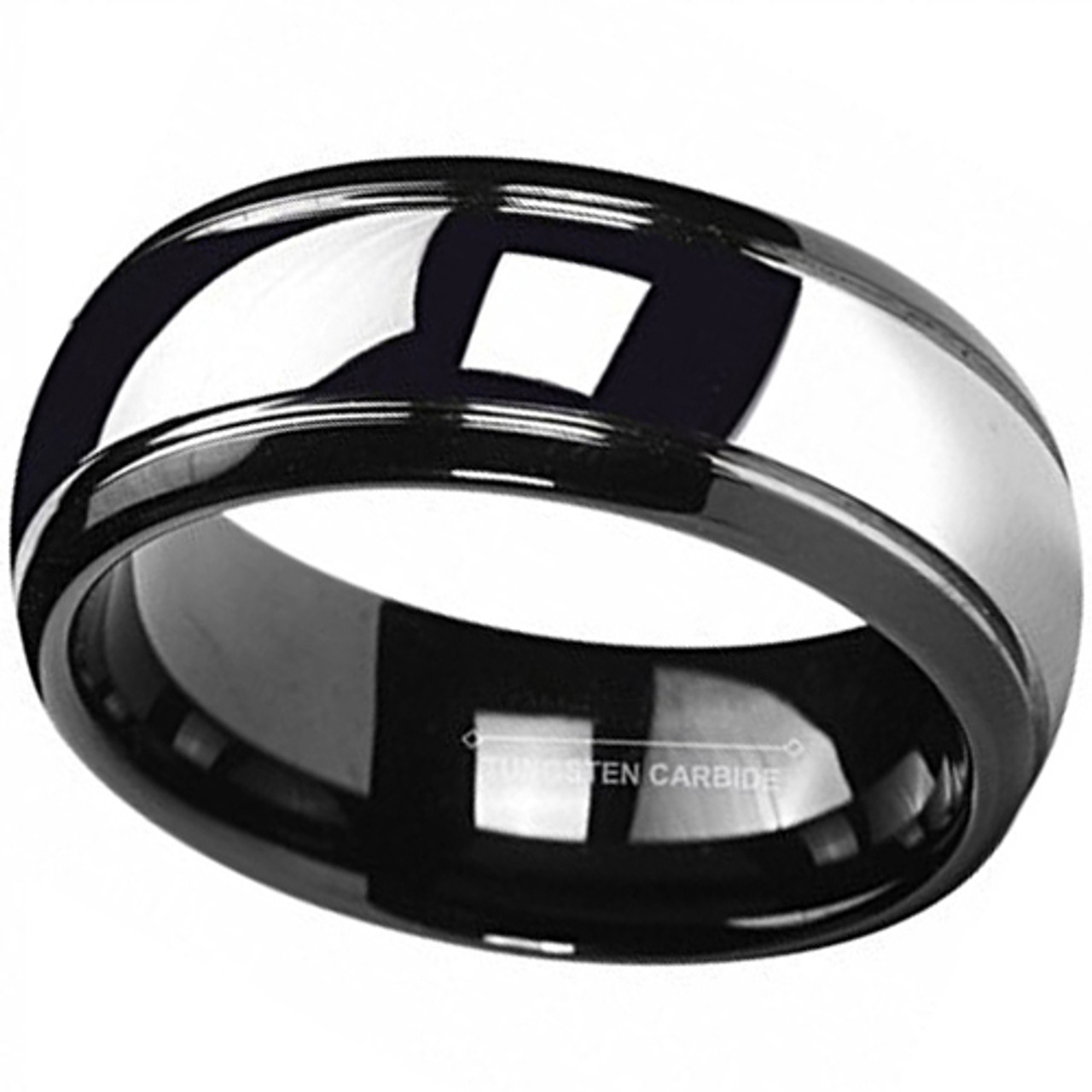 (8mm) Unisex or Men's Black and Silver Dome Gunmetal Tungsten Carbide Wedding Ring Band