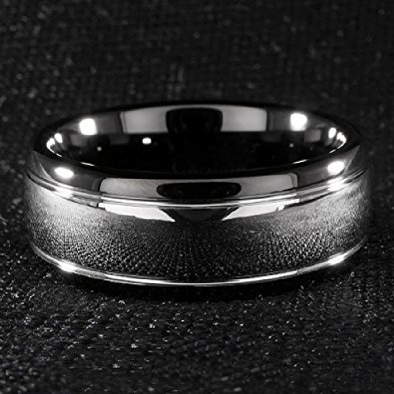 (8mm) Unisex or Men's Black and Silver Dome Gunmetal Tungsten Carbide Wedding Ring Band