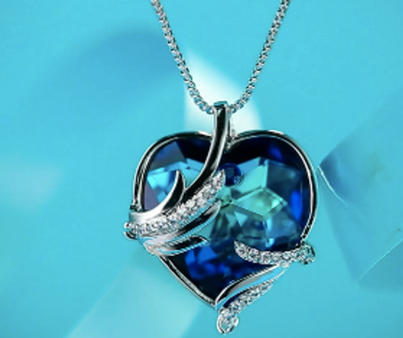 Angel Wings Crystal Heart Pendant - Blue / Green with 18" Chain Necklace. Gift for Lover, Girl Friend, Wife, Valentine's Day Gift, Mother's Day, Anniversary Gift Necklace.