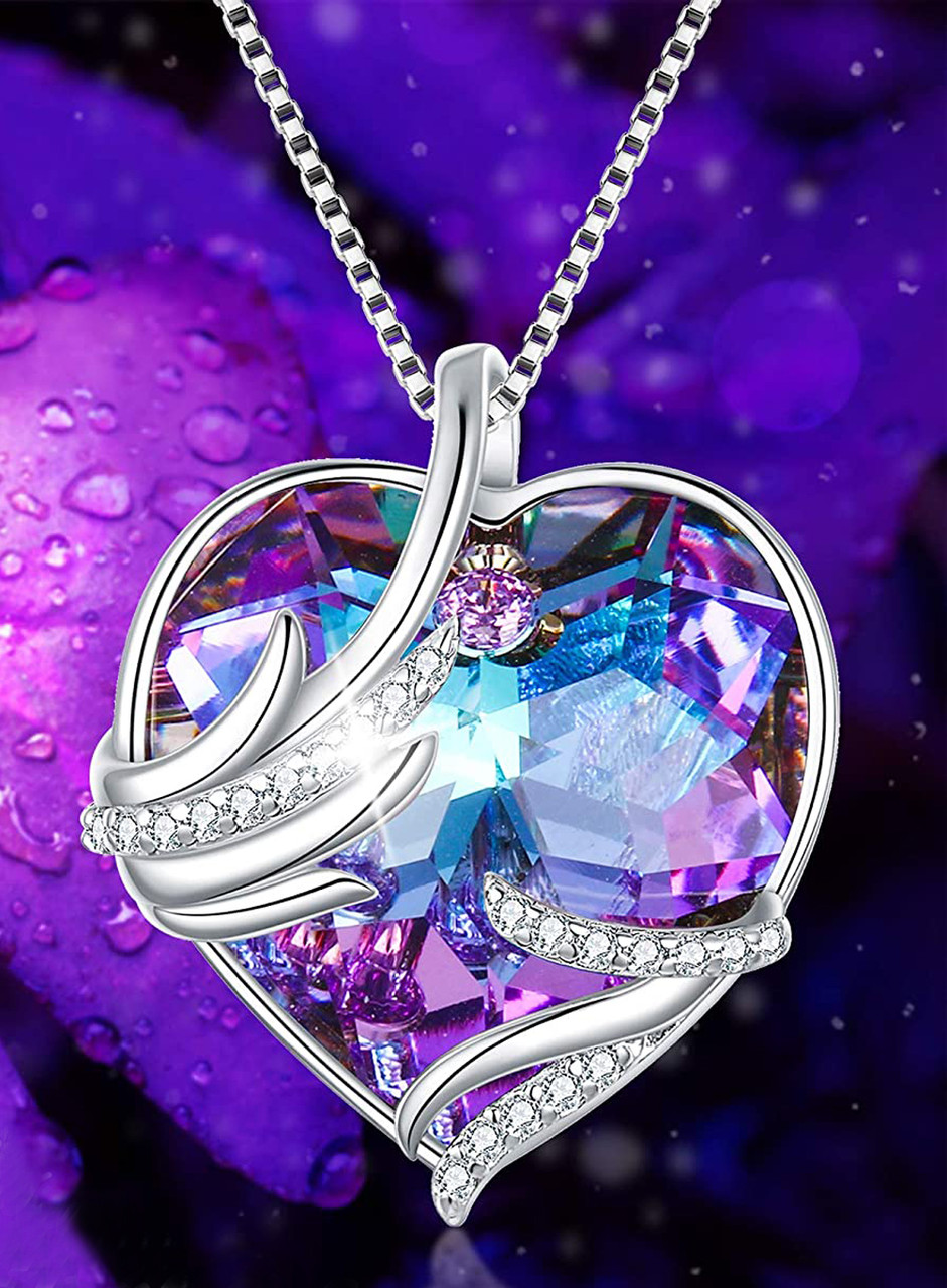 Angel Wings Crystal Heart Pendant - Purple / Blue with 18" Chain Necklace. Gift for Lover, Girl Friend, Wife, Valentine's Day Gift, Mother's Day, Anniversary Gift Necklace.
