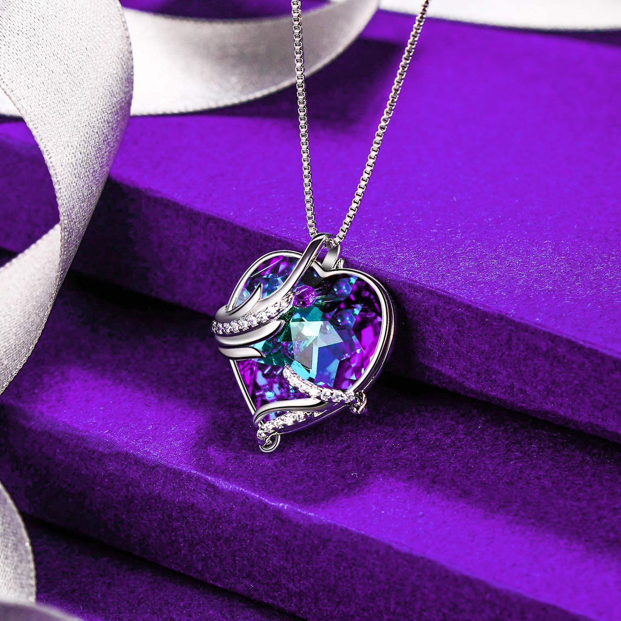 Angel Wings Crystal Heart Pendant - Purple / Blue with 18" Chain Necklace. Gift for Lover, Girl Friend, Wife, Valentine's Day Gift, Mother's Day, Anniversary Gift Necklace.