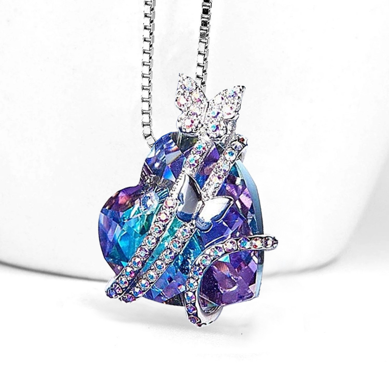 Butterfly Design Pendant with Crystal Heart - Blue and Purple - with 18" Chain Necklace. Gift for Lover, Girl Friend, Wife, Valentine's Day Gift, Mother's Day, Anniversary Gift Butterflies Necklace.