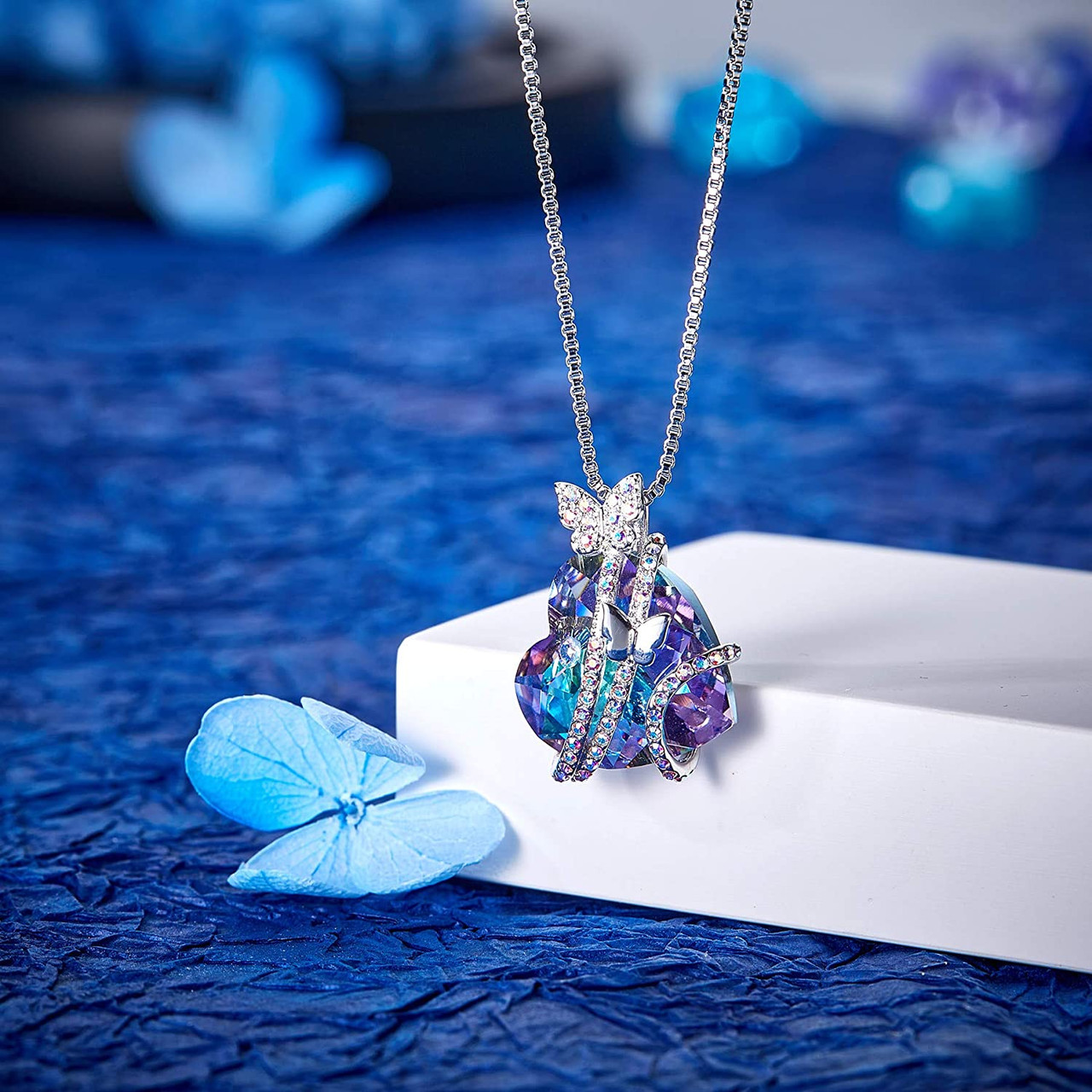 Butterfly Design Pendant with Crystal Heart - Blue and Purple - with 18" Chain Necklace. Gift for Lover, Girl Friend, Wife, Valentine's Day Gift, Mother's Day, Anniversary Gift Butterflies Necklace.