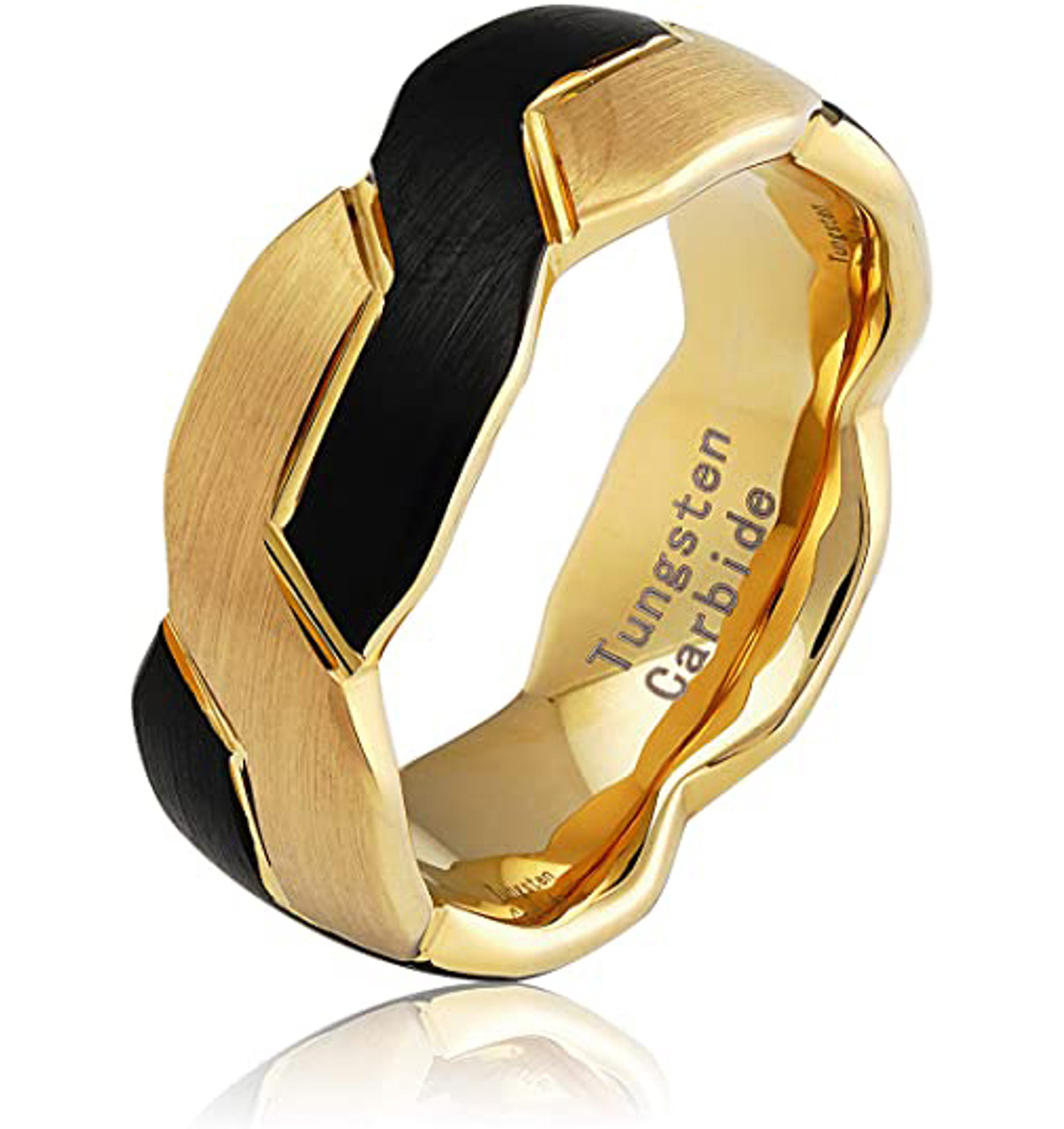 Unisex or Mens Matte Black and Gold Polished Tungsten Carbide Ring - Infinity Knot Pattern Wedding ring band. Comfort Fit and High Polished