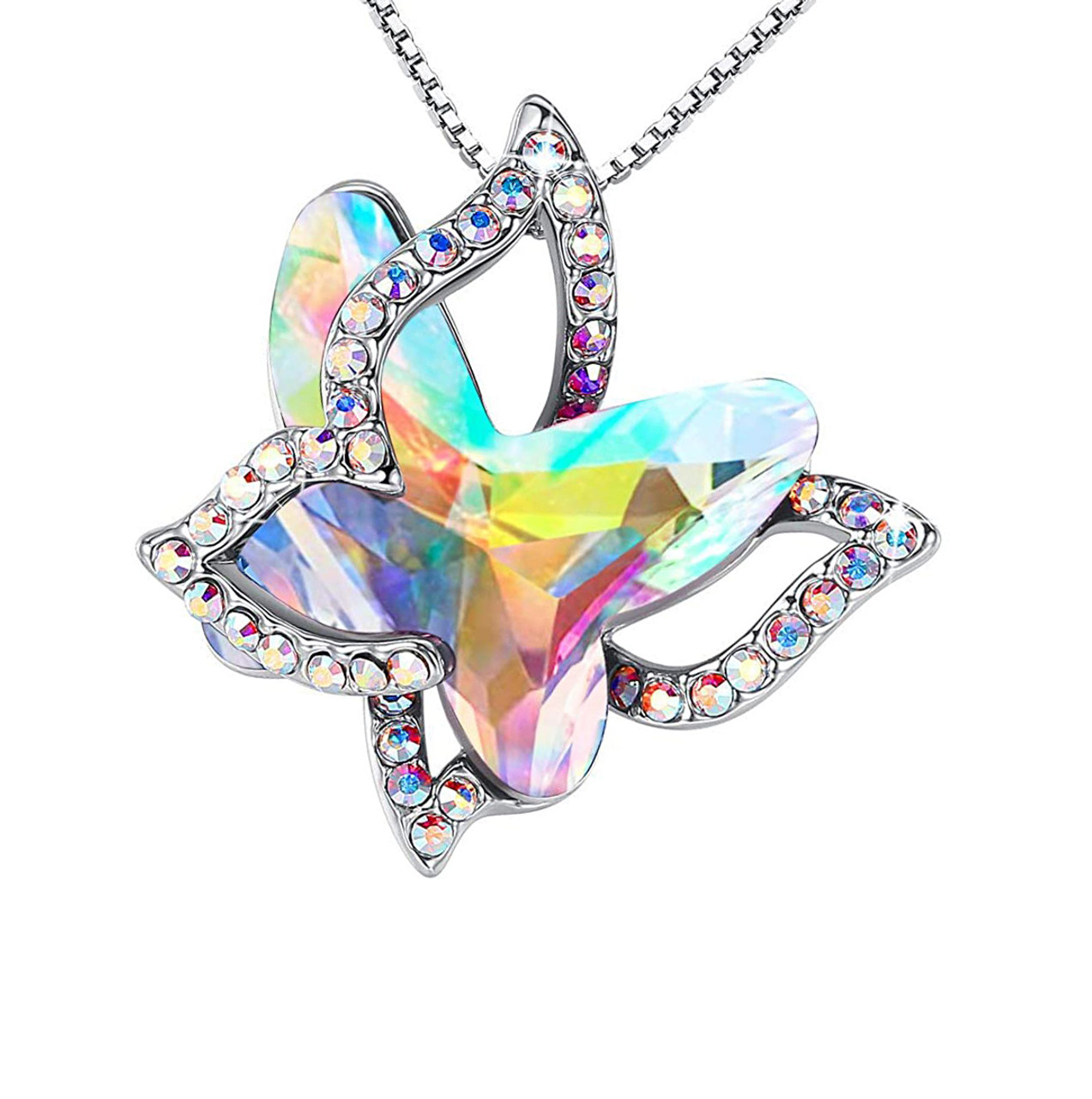 April Birthstone - White Opal / Rainbow Double Butterflies Design Crystal Pendant and CZ stones - with 18" Chain Necklace. Gift for Lover, Girl Friend, Wife, Valentine's Day Gift, Mother's Day, Anniversary Gift Butterfly Necklace.