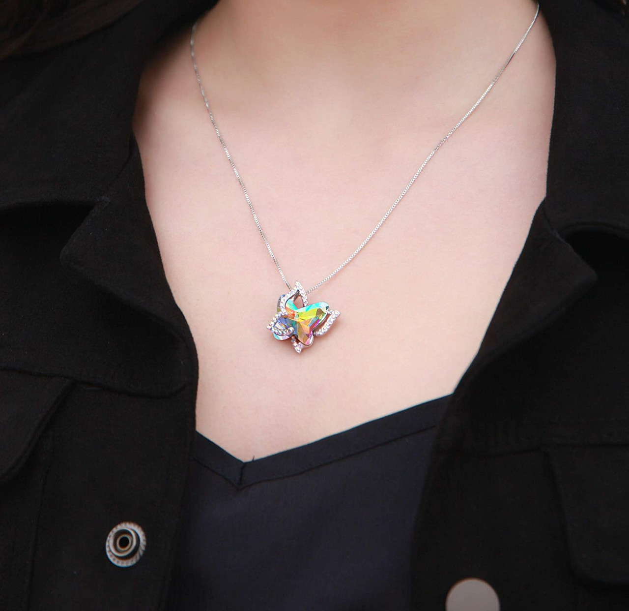 April Birthstone - White Opal / Rainbow Double Butterflies Design Crystal Pendant and CZ stones - with 18" Chain Necklace. Gift for Lover, Girl Friend, Wife, Valentine's Day Gift, Mother's Day, Anniversary Gift Butterfly Necklace.