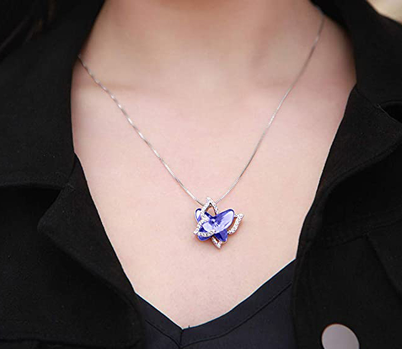 February Birthstone - Tanzanite Purple Double Butterflies Design Crystal Pendant and CZ stones - with 18" Chain Necklace. Gift for Lover, Girl Friend, Wife, Valentine's Day Gift, Mother's Day, Anniversary Gift Butterfly Necklace.