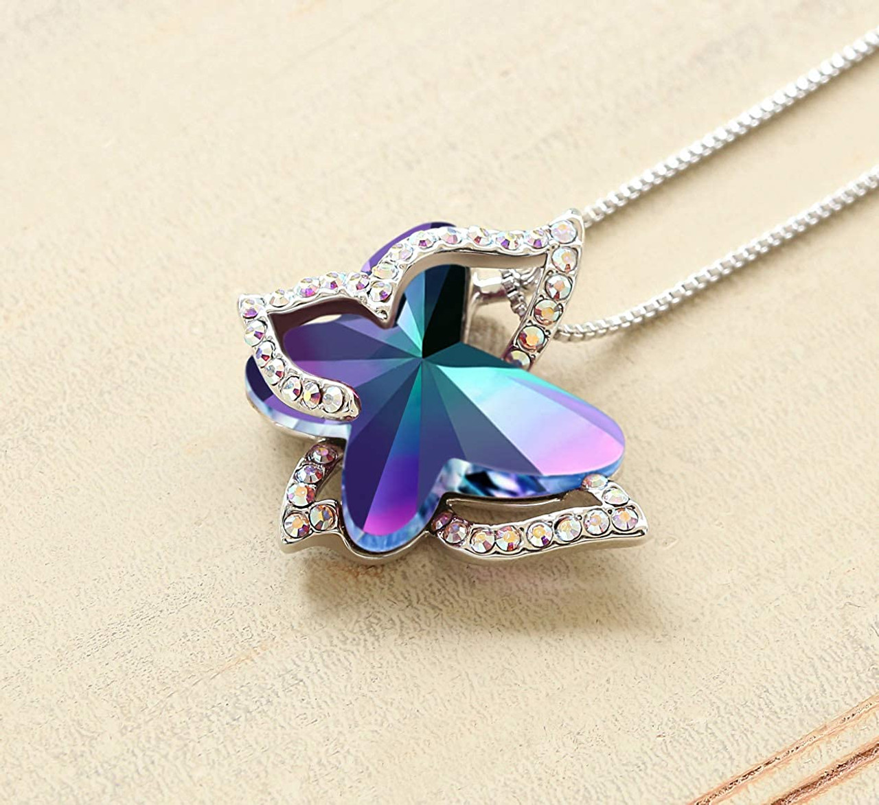 Purple, Violet, Pink and Blue Double Butterflies Design Crystal Pendant and CZ stones - with 18" Chain Necklace. Gift for Lover, Girl Friend, Wife, Valentine's Day Gift, Mother's Day, Anniversary Gift Butterfly Necklace.