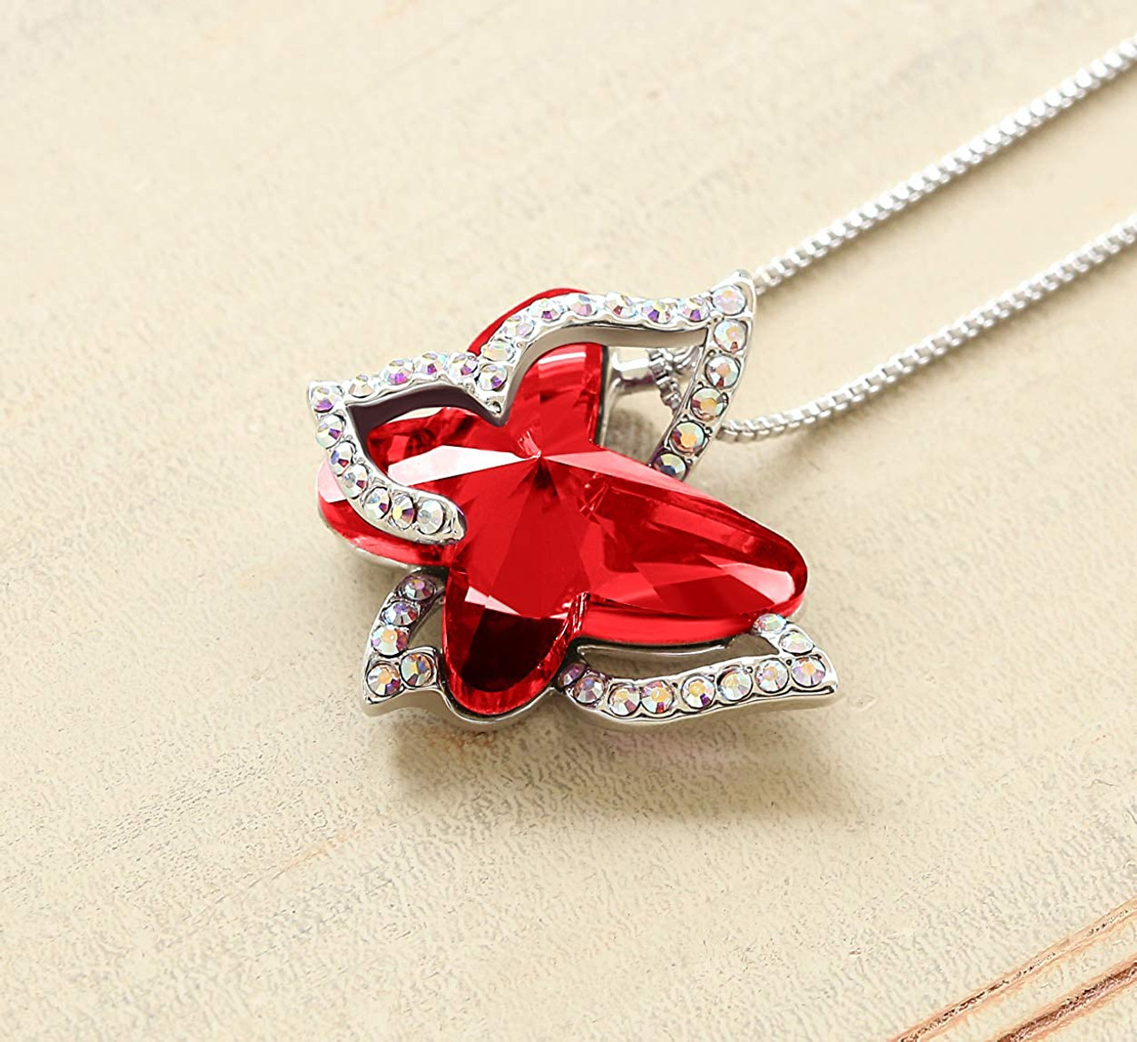 July and January Birthstone - Red Ruby Double Butterflies Design Crystal Pendant and CZ stones - with 18" Chain Necklace. Gift for Lover, Girl Friend, Wife, Valentine's Day Gift, Mother's Day, Anniversary Gift Butterfly Necklace.