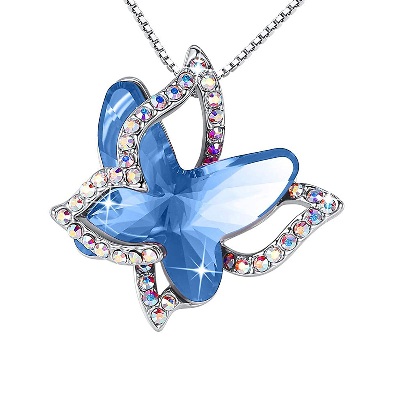 December Birthstone - Sky Light Blue Sapphire Double Butterflies Design Crystal Pendant and CZ stones - with 18" Chain Necklace. Gift for Lover, Girl Friend, Wife, Valentine's Day Gift, Mother's Day, Anniversary Gift Butterfly Necklace.