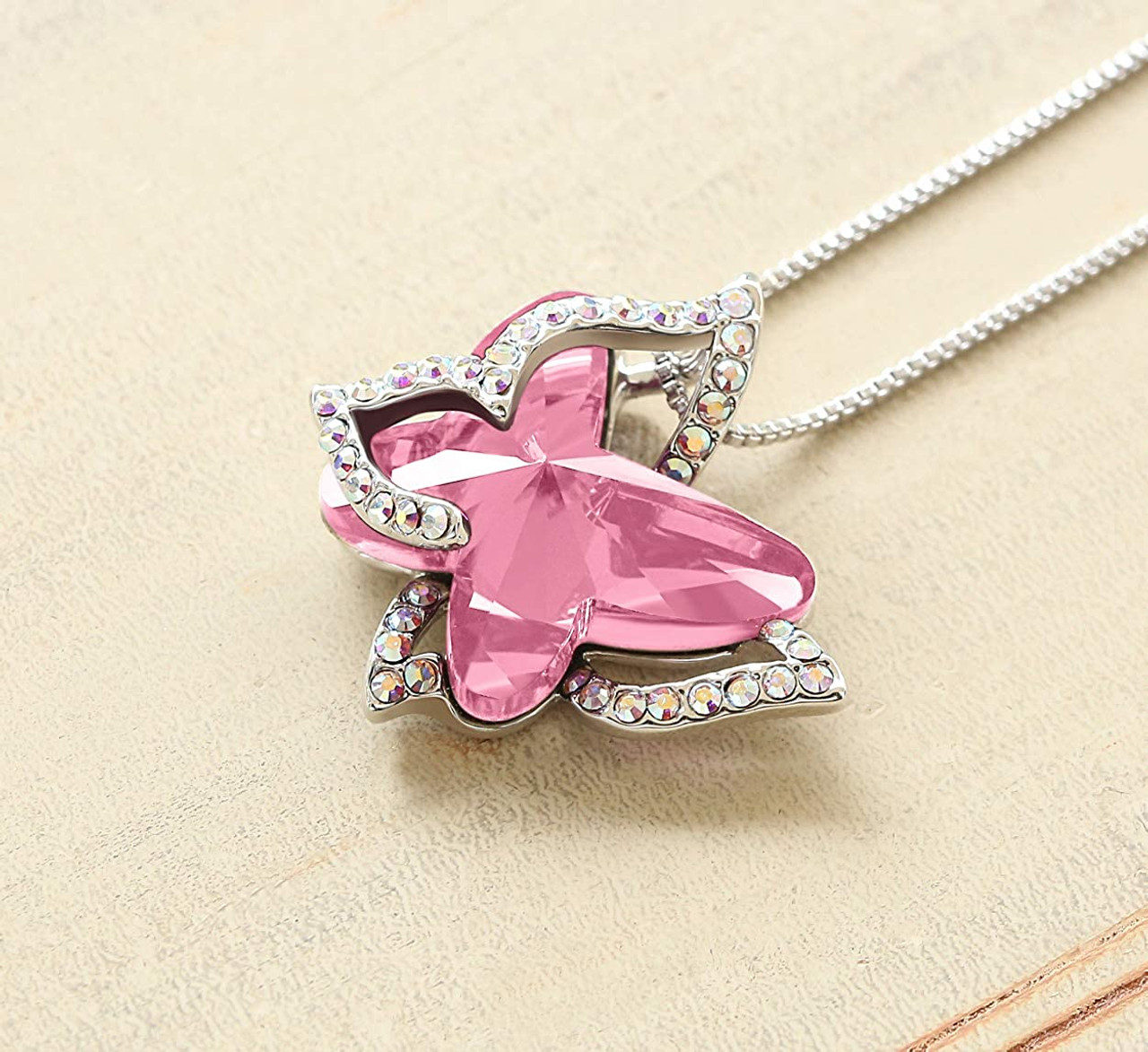 October Birthstone - Rose Light Pink Double Butterflies Design Crystal Pendant and CZ stones - with 18" Chain Necklace. Gift for Lover, Girl Friend, Wife, Valentine's Day Gift, Mother's Day, Anniversary Gift Butterfly Necklace.