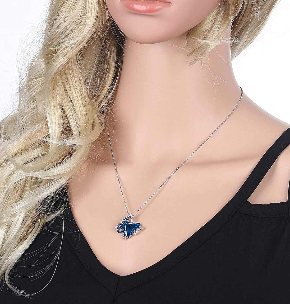 September Birthstone - Dark Blue Sapphire Double Butterflies Design Crystal Pendant and CZ stones - with 18" Chain Necklace. Gift for Lover, Girl Friend, Wife, Valentine's Day Gift, Mother's Day, Anniversary Gift Butterfly Necklace.