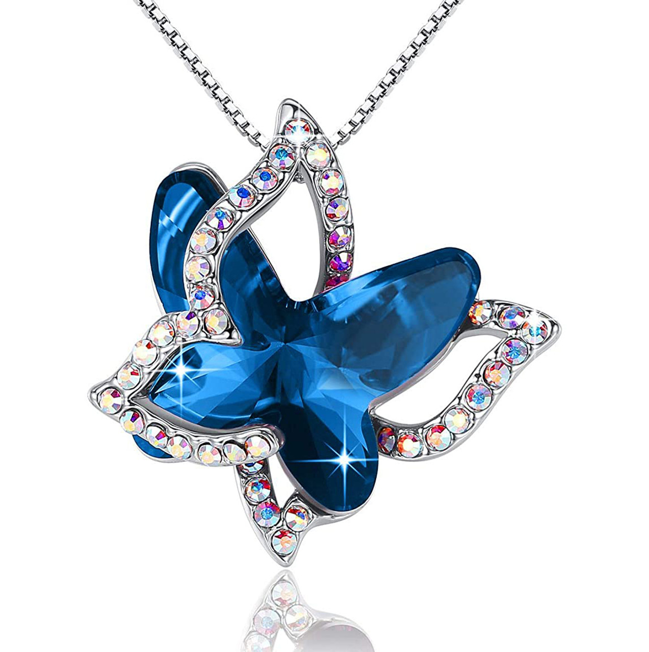 September Birthstone - Dark Blue Sapphire Double Butterflies Design Crystal Pendant and CZ stones - with 18" Chain Necklace. Gift for Lover, Girl Friend, Wife, Valentine's Day Gift, Mother's Day, Anniversary Gift Butterfly Necklace.