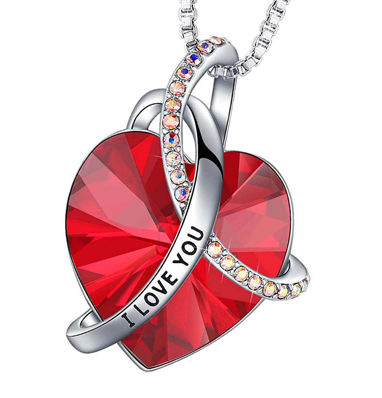 Dark Red I Love You Necklace Heart Crystal Pendant with CZ stones - and 18" Chain Necklace. Gift for Lover, Girl Friend, Wife, Valentine's Day Gift, Mother's Day, Anniversary Gift. I Love You Necklace.