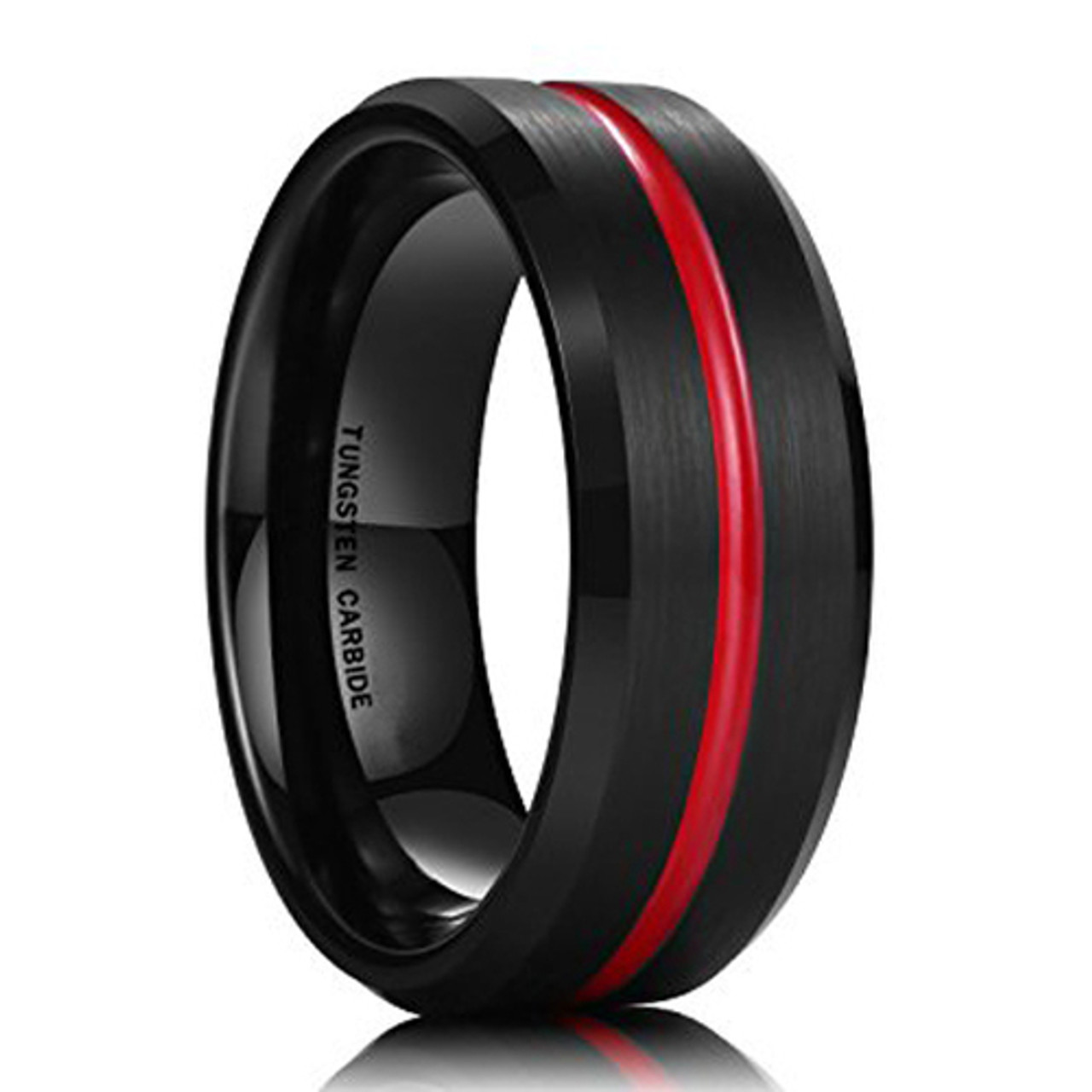 (8mm) Unisex or Men's Tungsten carbide Wedding ring band. Black and Red Grooved Matte Finish Ring with Beveled Edges.