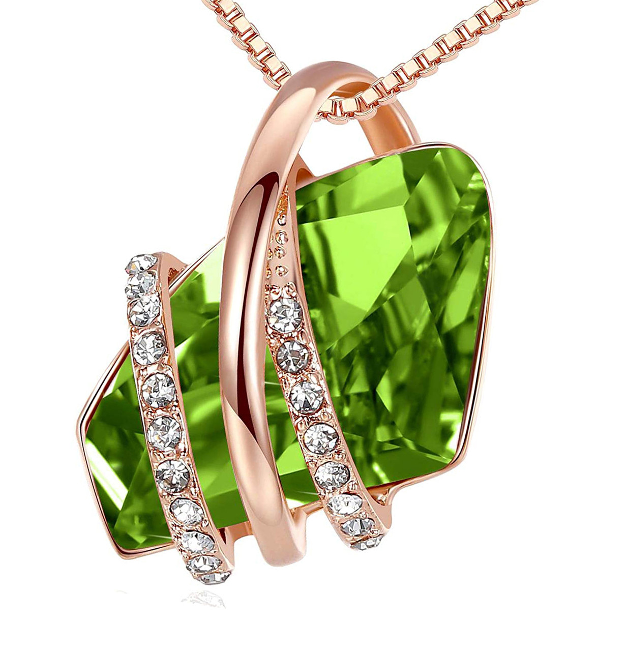 August Birthstone - Peridot Light Green Crystal Rock Pendant and CZ stones - with 18" Rose Gold Chain Necklace. Gift for Lover, Girl Friend, Wife, Valentine's Day Gift, Mother's Day, Anniversary Gift Crystal Necklace.