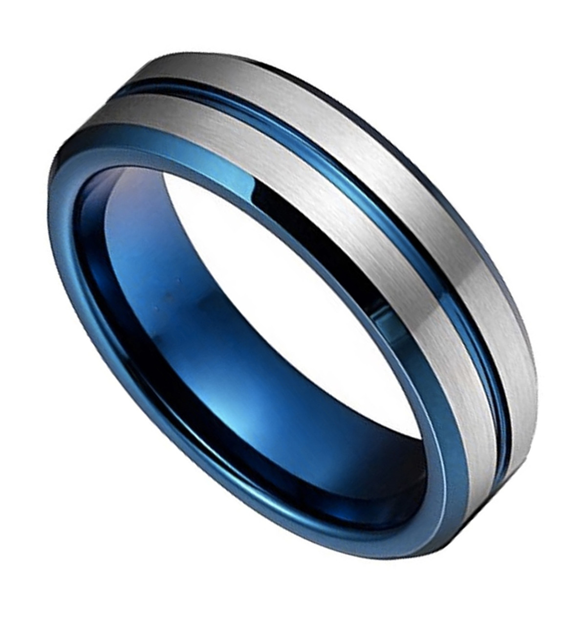 (6mm) Unisex, Women's or Men's Gray and Blue Tungsten Carbide Wedding Ring Band. Grooved with Matte Finish and Beveled Edges.