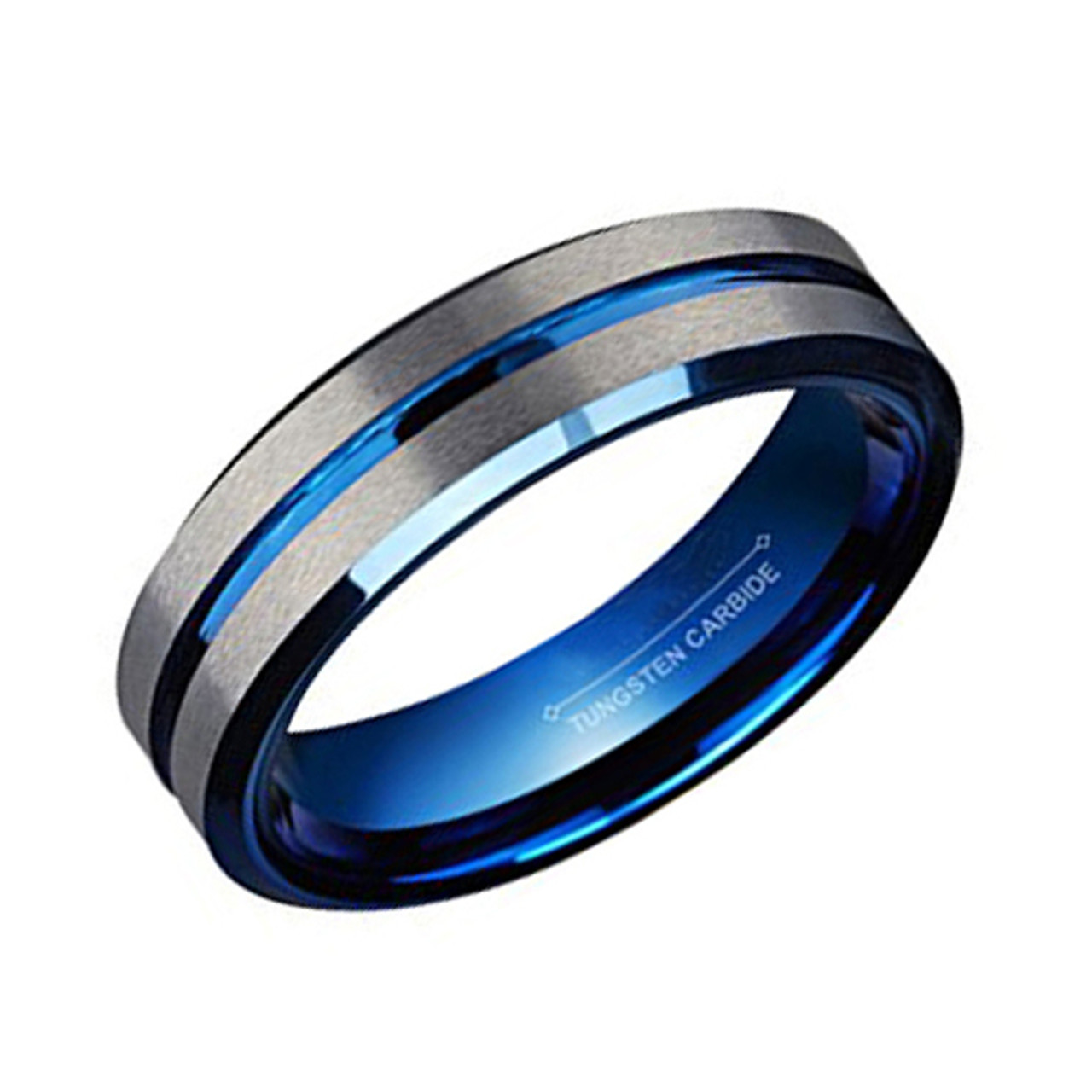 (6mm) Unisex, Women's or Men's Gray and Blue Tungsten Carbide Wedding Ring Band. Grooved with Matte Finish and Beveled Edges.