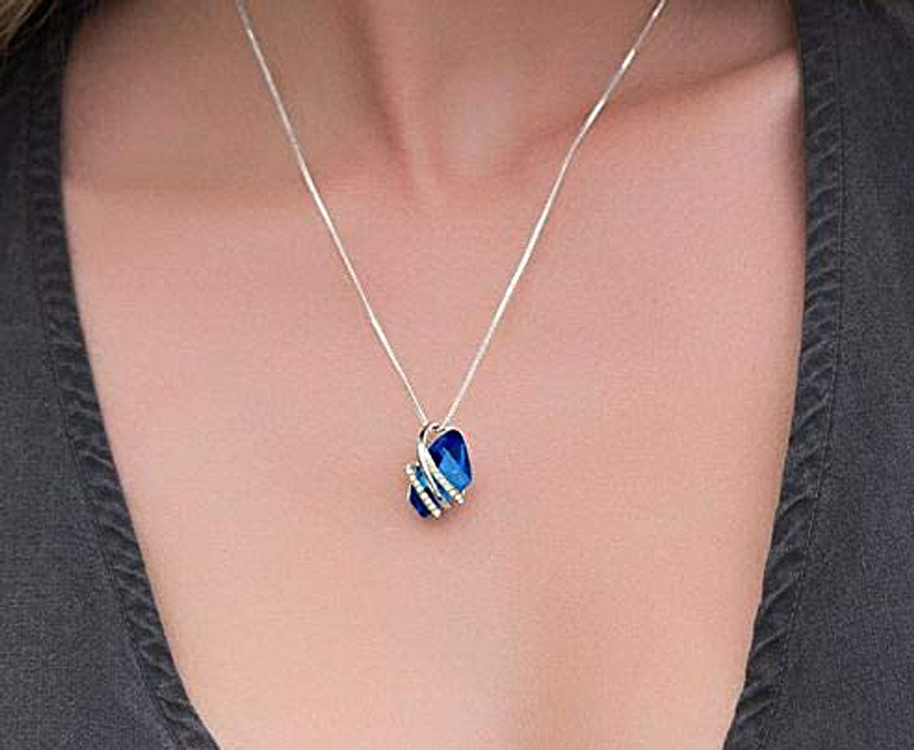 September Birthstone - Sapphire Blue Crystal Rock Pendant and CZ stones - with 18" Silver Plated Chain Necklace. Gift for Lover, Girl Friend, Wife, Valentine's Day Gift, Mother's Day, Anniversary Gift Crystal Necklace.